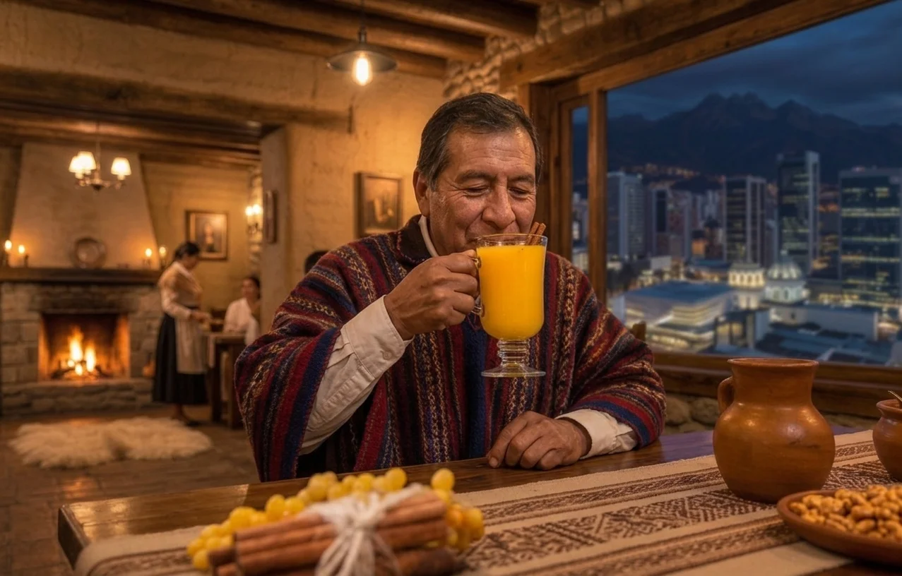 Hombre con poncho andino disfrutando de un canelazo ecuatoriano caliente con vista nocturna a Quito.