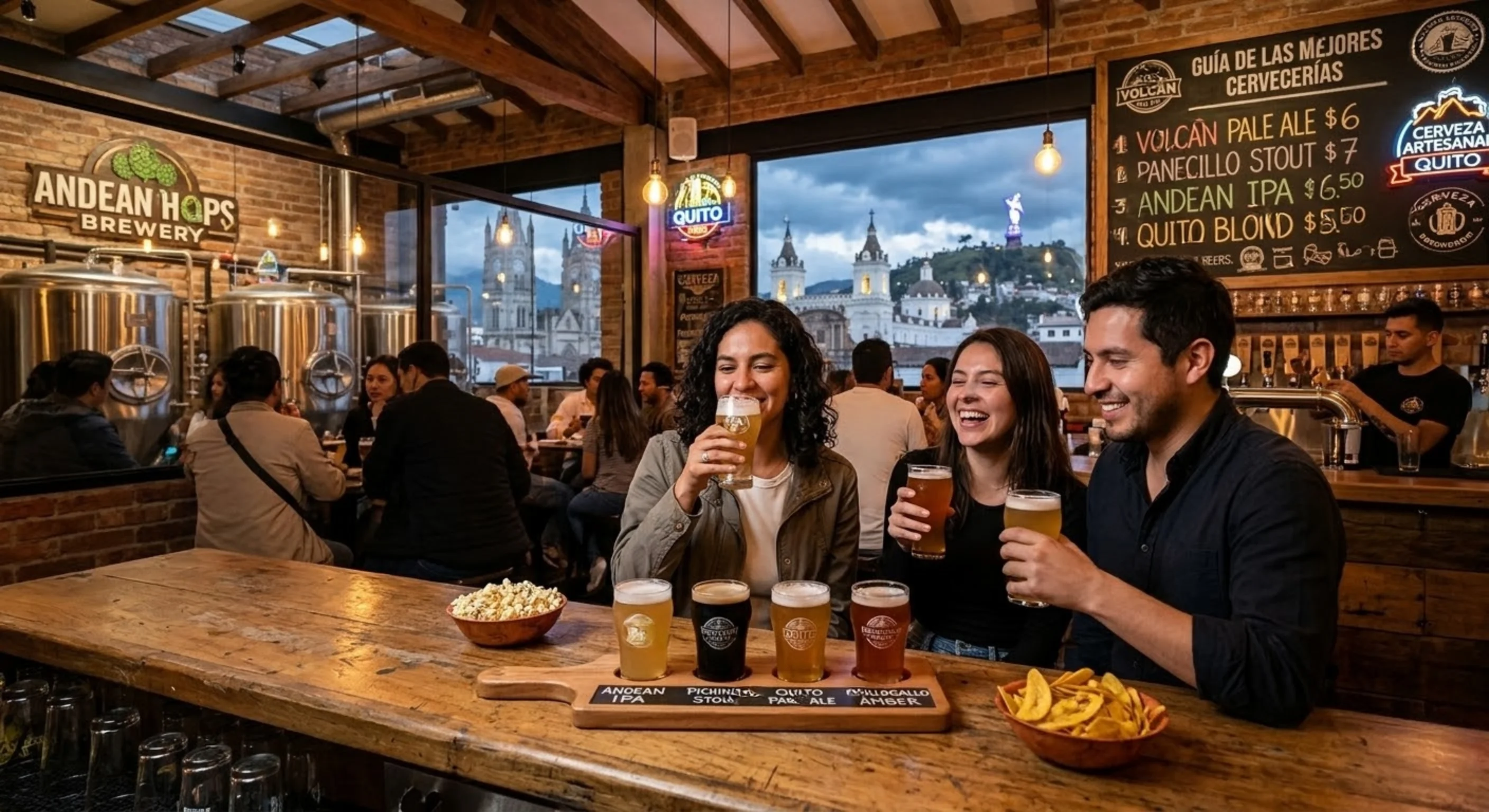 Amigos disfrutando de una cata de cervezas artesanales en una cervecería de Quito con vista a la Basílica y El Panecillo.