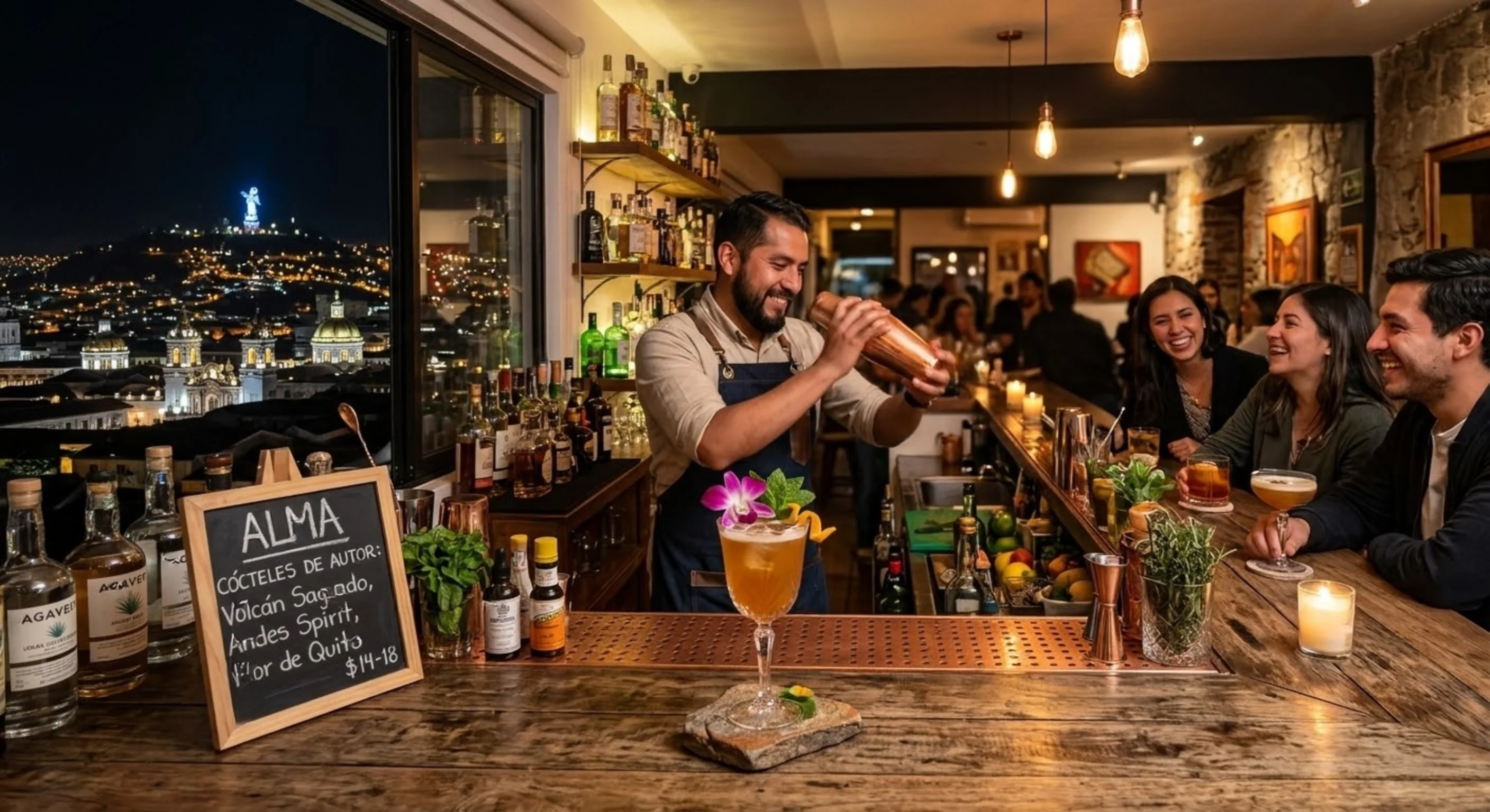 Un bartender prepara cócteles de autor en un bar de Quito con vista nocturna.