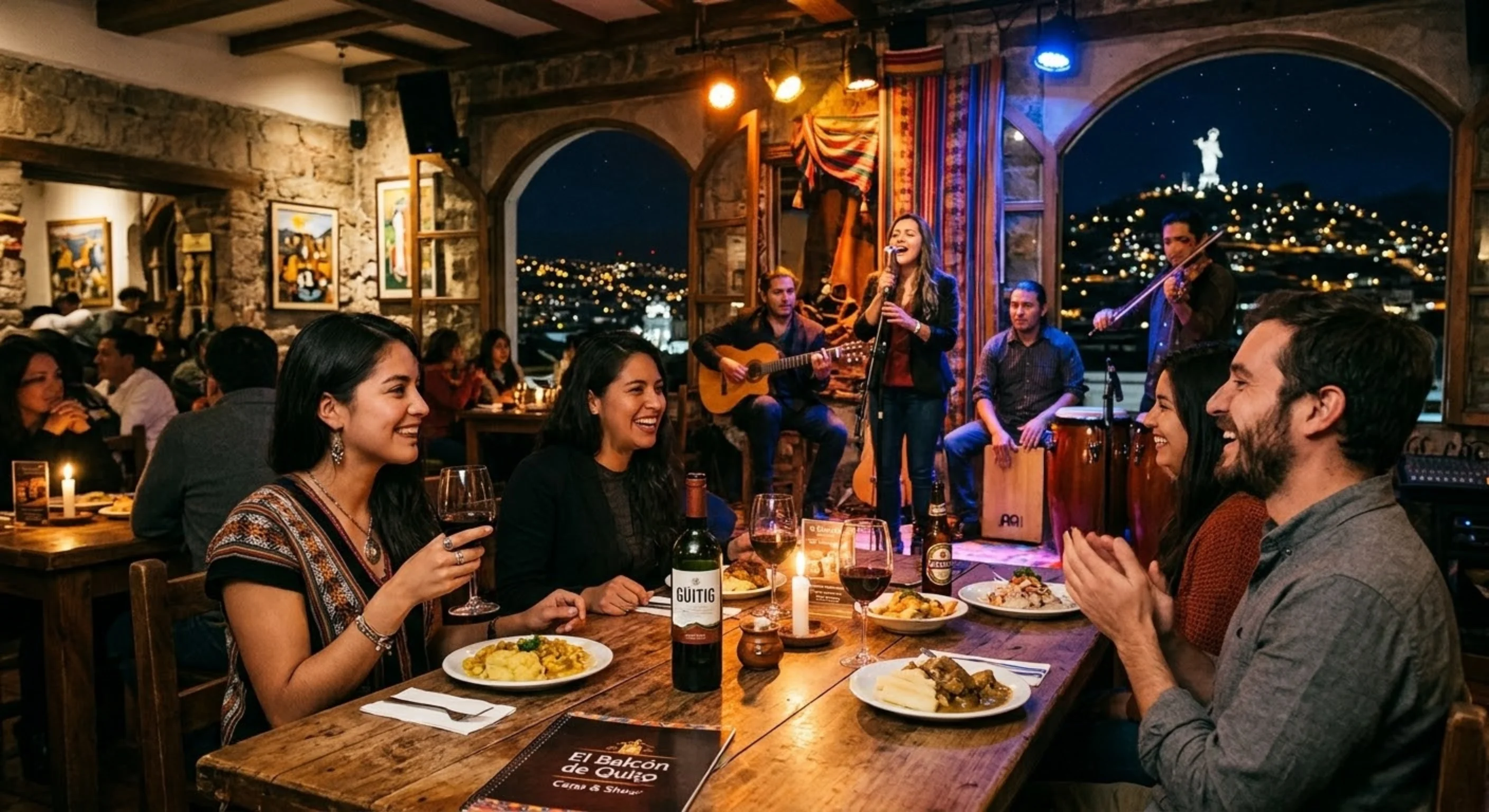 Amigos disfrutando de una cena con música en vivo y vista nocturna en un restaurante de Quito.