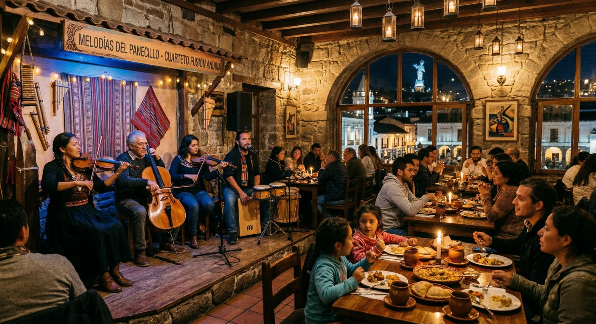 Un cuarteto musical toca en vivo en un restaurante rústico, con comensales cenando y vistas nocturnas de Quito y El Panecillo de fondo a través de ventanas.