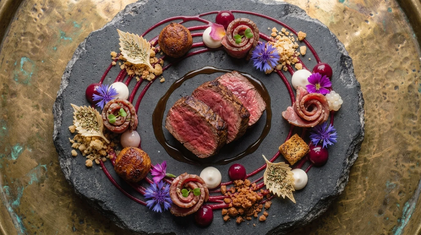 Filete de res gourmet con decoración floral y guarniciones, descubre más platos en el blog de restaurantesenquito