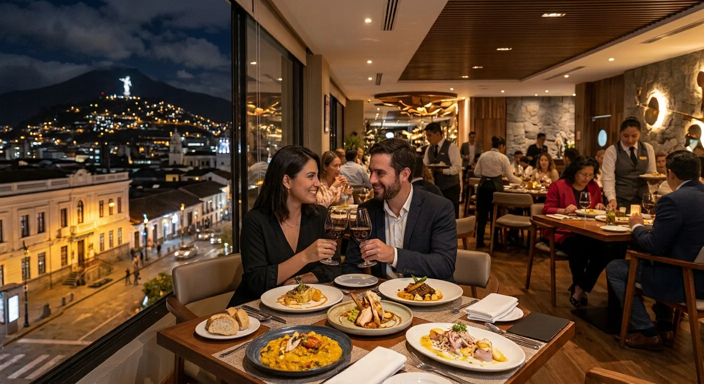 Pareja brindando con copas de vino en restaurante con vista nocturna al Panecillo, uno de los mejores restaurantes de Quito.