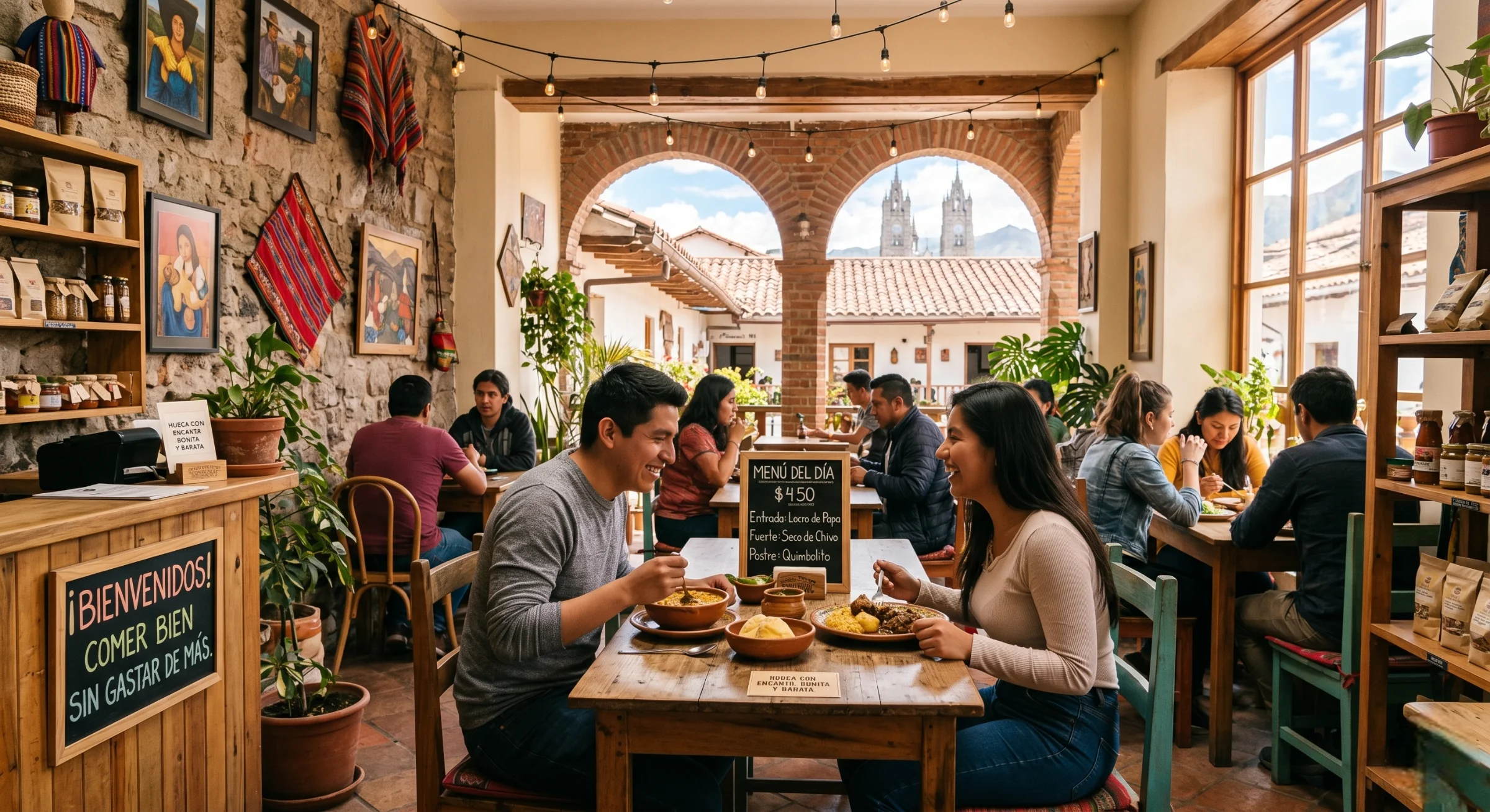 Interior acogedor y colorido de un restaurante económico en el Centro Histórico de Quito, mostrando a una familia disfrutando de platos tradicionales locales a buen precio.