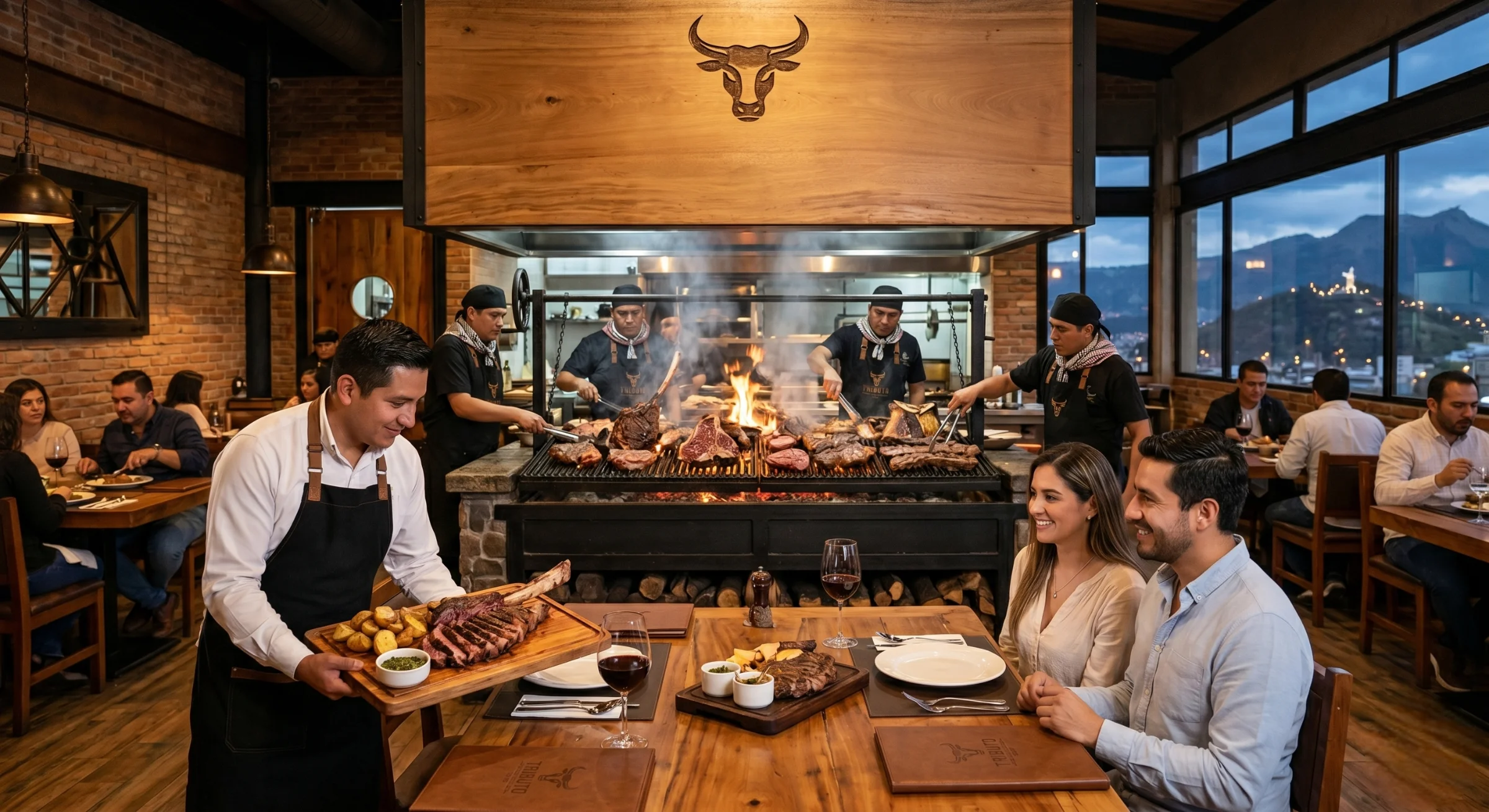 Mesero sirviendo un corte de carne asada en tabla de madera a una pareja en un restaurante de carnes con ambiente rústico y elegante en Quito.