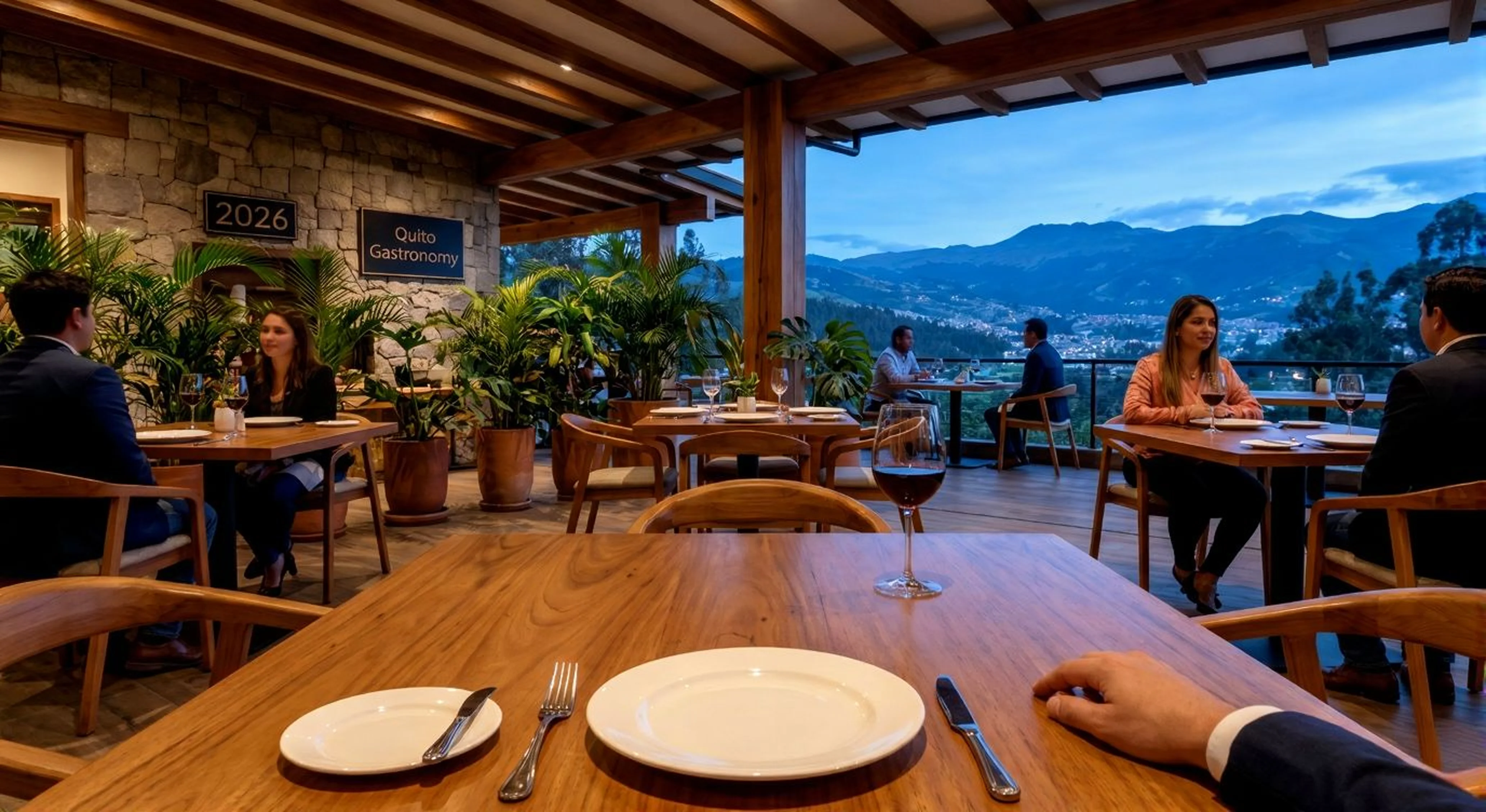 Terraza de restaurante en Cumbayá con vista panorámica al valle de Quito al atardecer, mesas de madera, copas de vino y ambiente elegante — los mejores restaurantes en Cumbayá 2026.