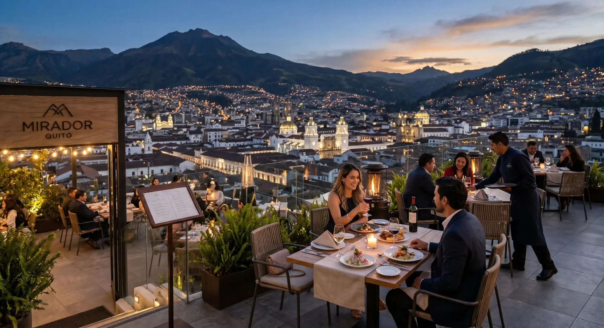 Cena romántica en un restaurante con mirador en Quito, mostrando una vista panorámica del Centro Histórico iluminado y el Panecillo al atardecer.