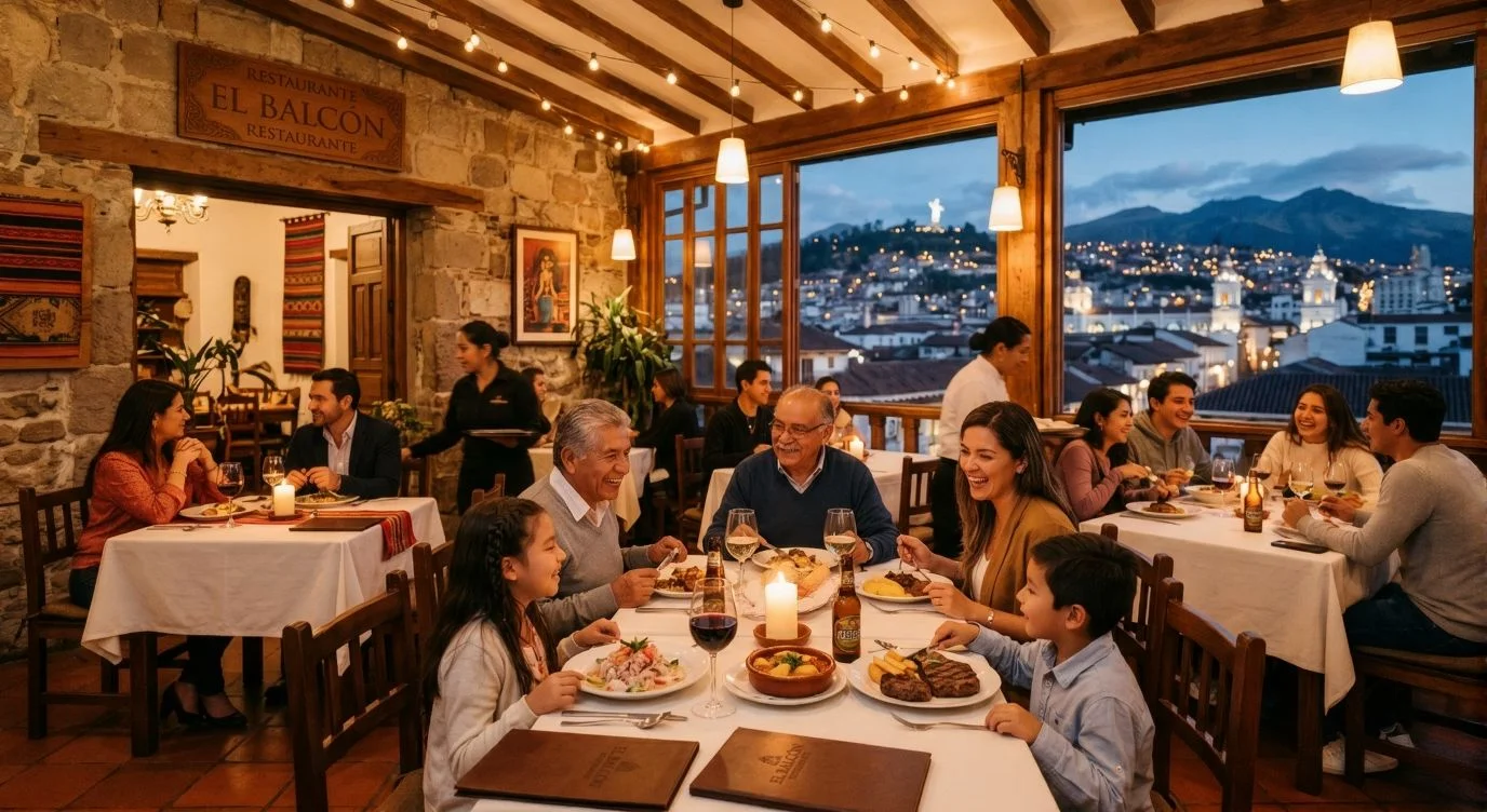 Grupo de personas disfrutando de una cena familiar y romántica en un restaurante tradicional de Quito con ambiente cálido y arquitectura colonial.