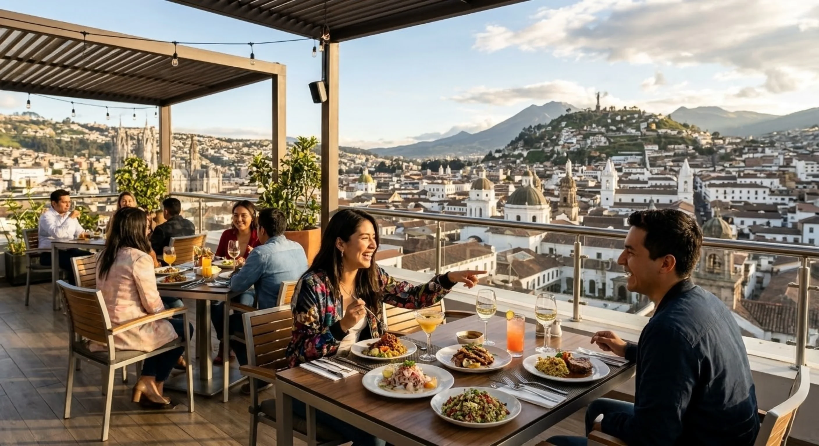 Comensales disfrutando de un almuerzo en una terraza con una impresionante vista panorámica del Centro Histórico de Quito y la colina de El Panecillo.