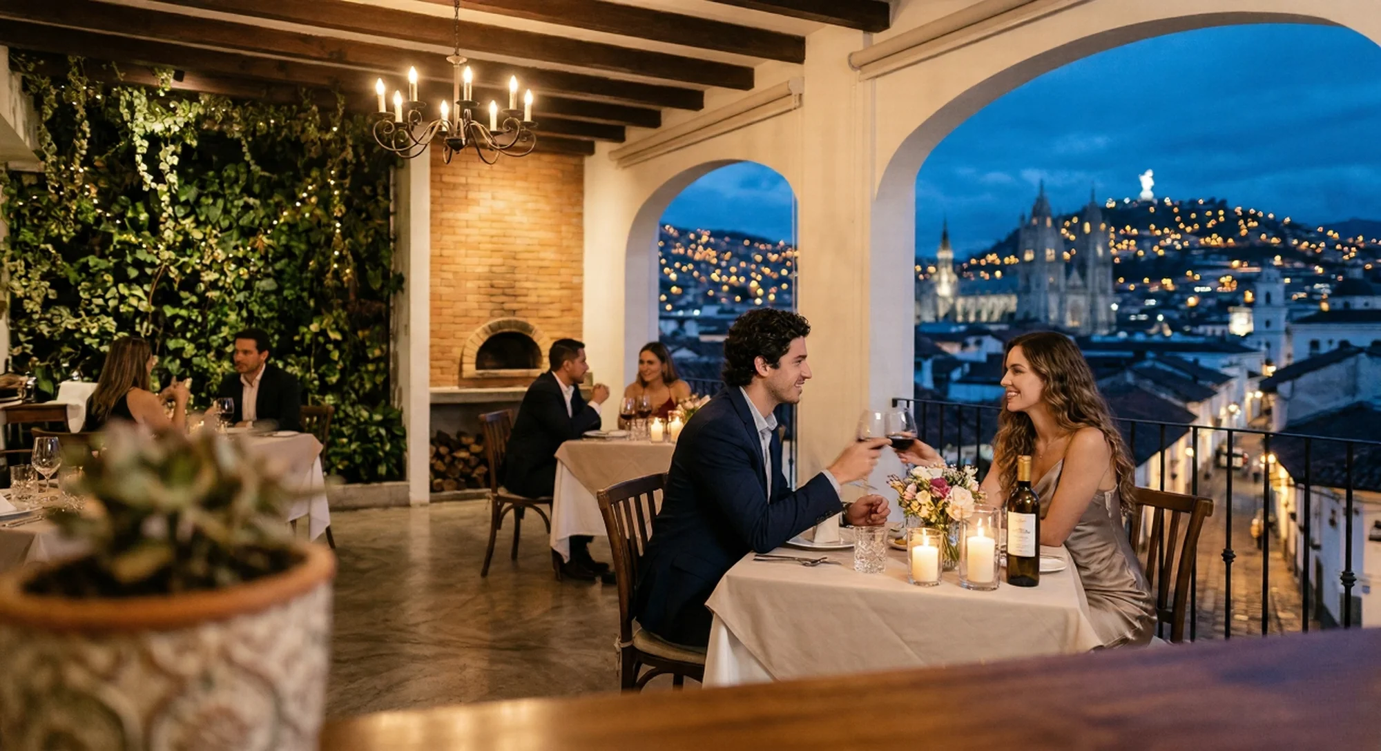Cena romántica en una terraza de Quito con vista panorámica nocturna al Centro Histórico iluminado y el Panecillo. Una pareja brinda en primer plano con vino.