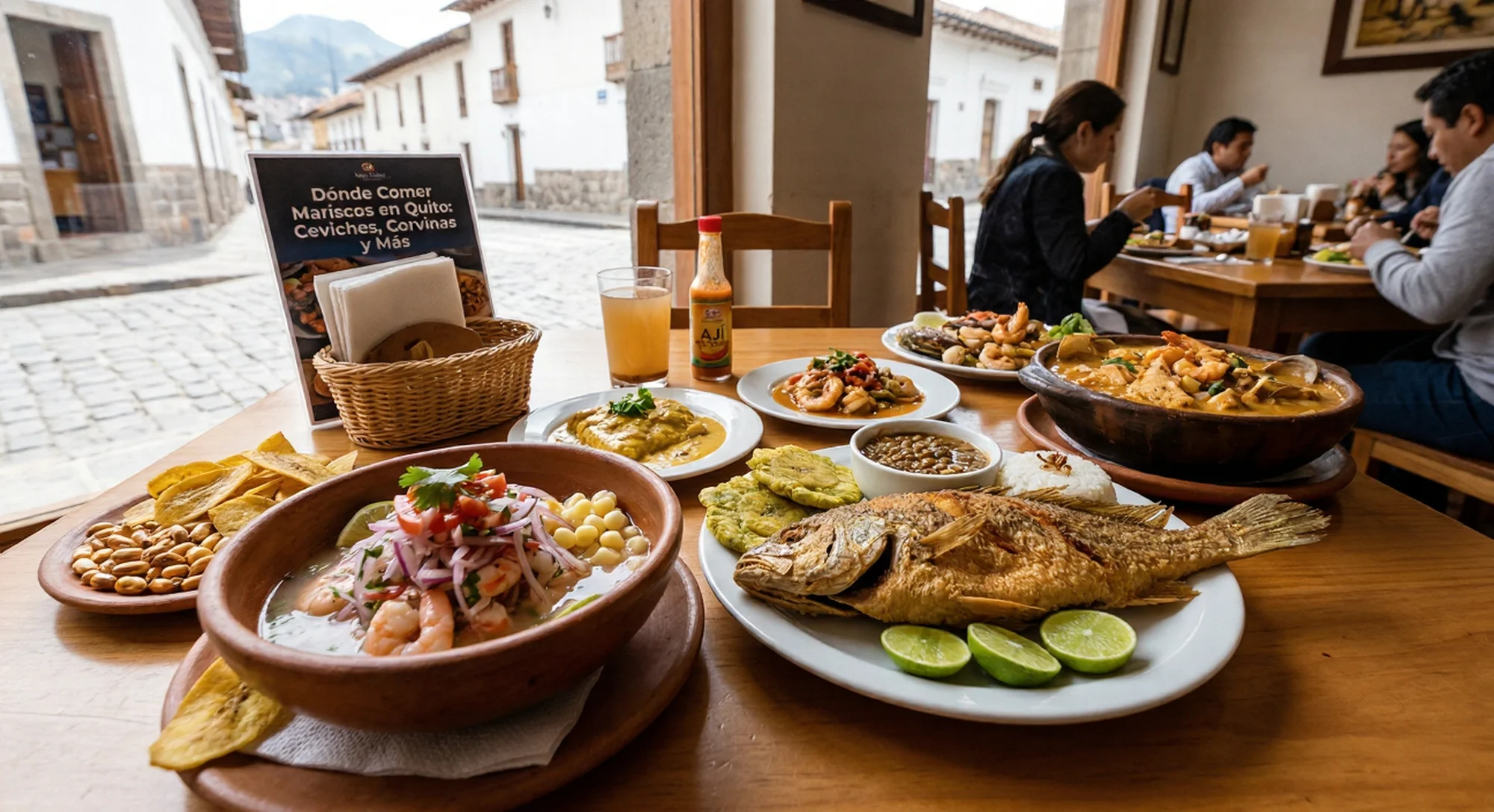 Variedad de platos de mariscos tradicionales, como ceviche y corvina frita, en un restaurante del Centro Histórico de Quito.