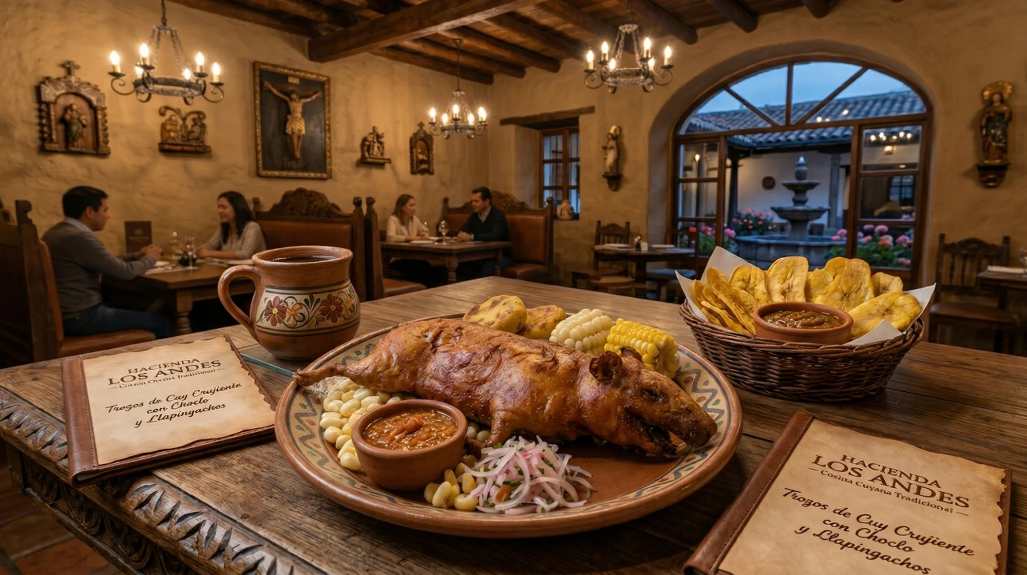Cuy asado entero con mote, choclo, curtido de cebolla y patacones en restaurante de comida ecuatoriana en Quito.