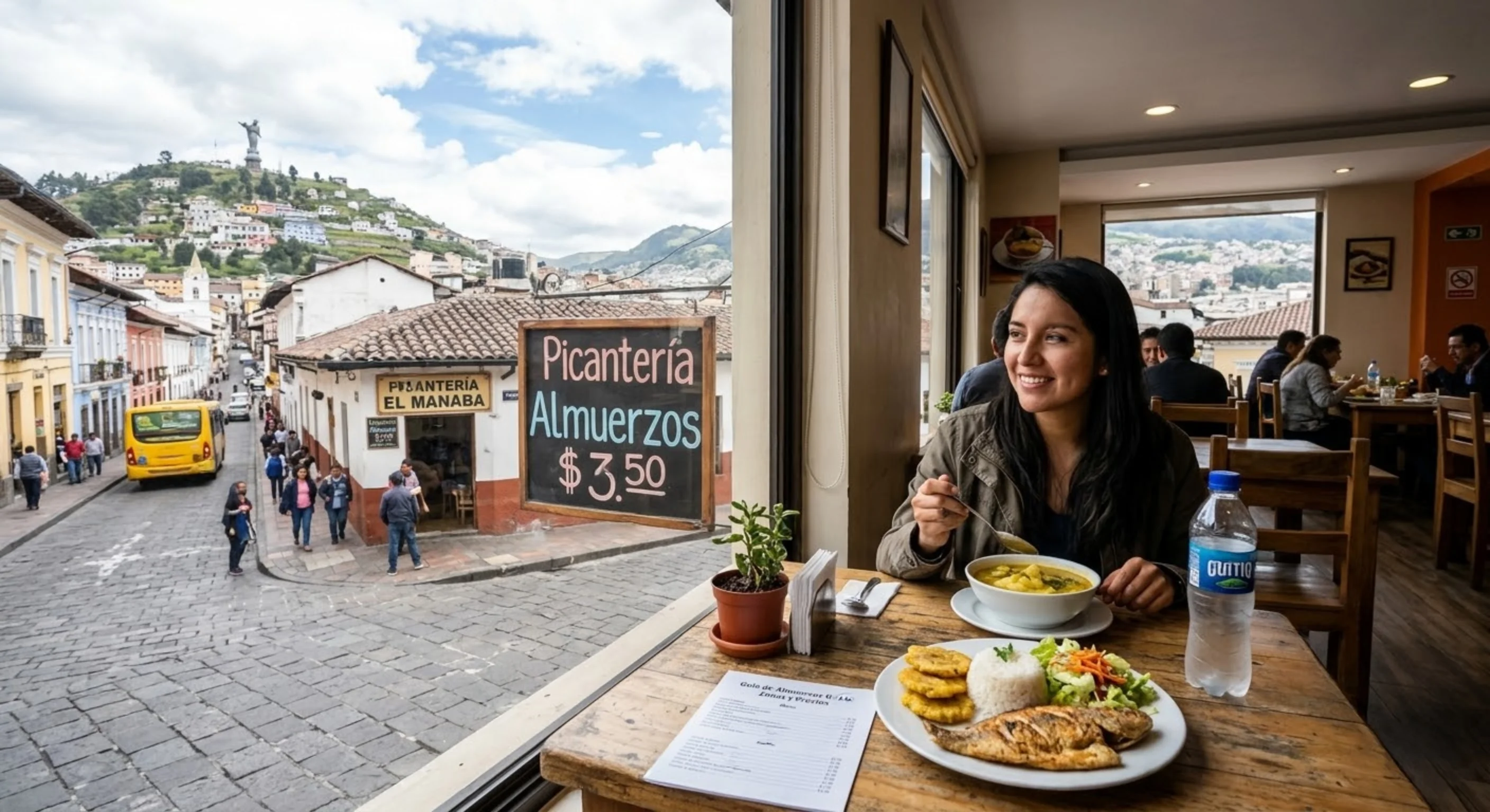 Mujer almorzando en un restaurante del Centro Histórico de Quito con vista a El Panecillo.