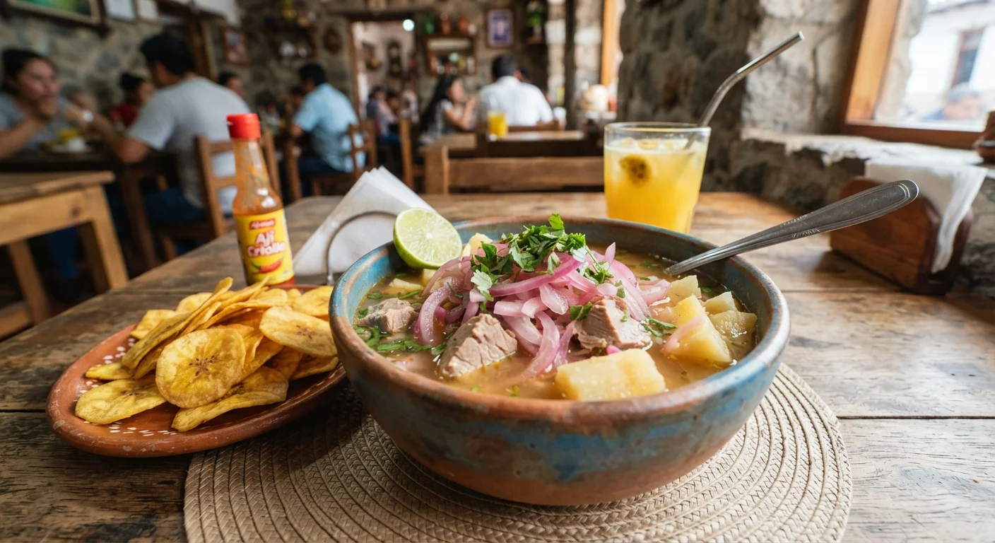 Encebollado ecuatoriano con albacora, yuca, curtido de cebolla morada y cilantro, servido con chifles, plato tradicional de la costa de Ecuador.