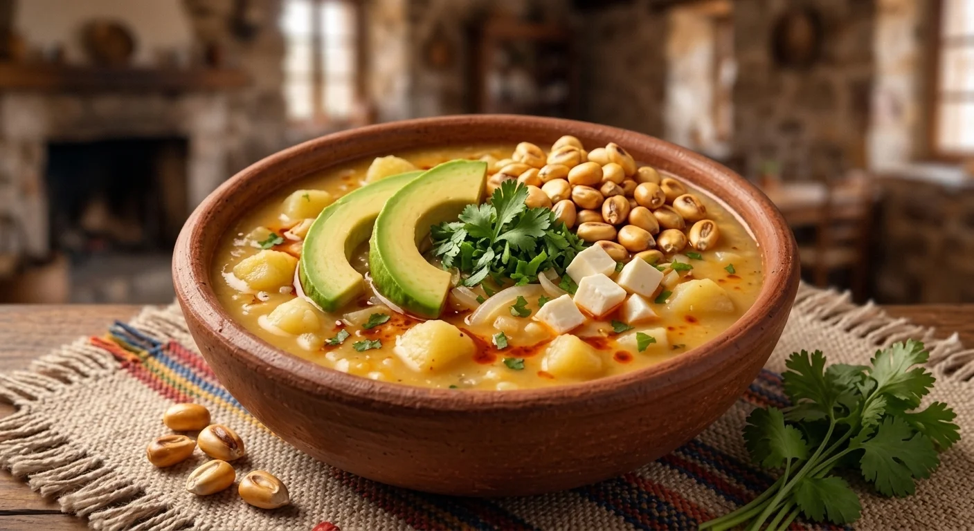 Locro de papas ecuatoriano con aguacate, choclo tostado y queso en tazón de barro.