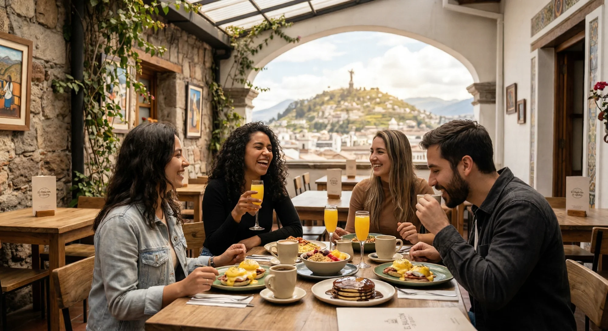 Grupo de amigos disfrutando de un brunch en una terraza con vista al Panecillo en Quito.