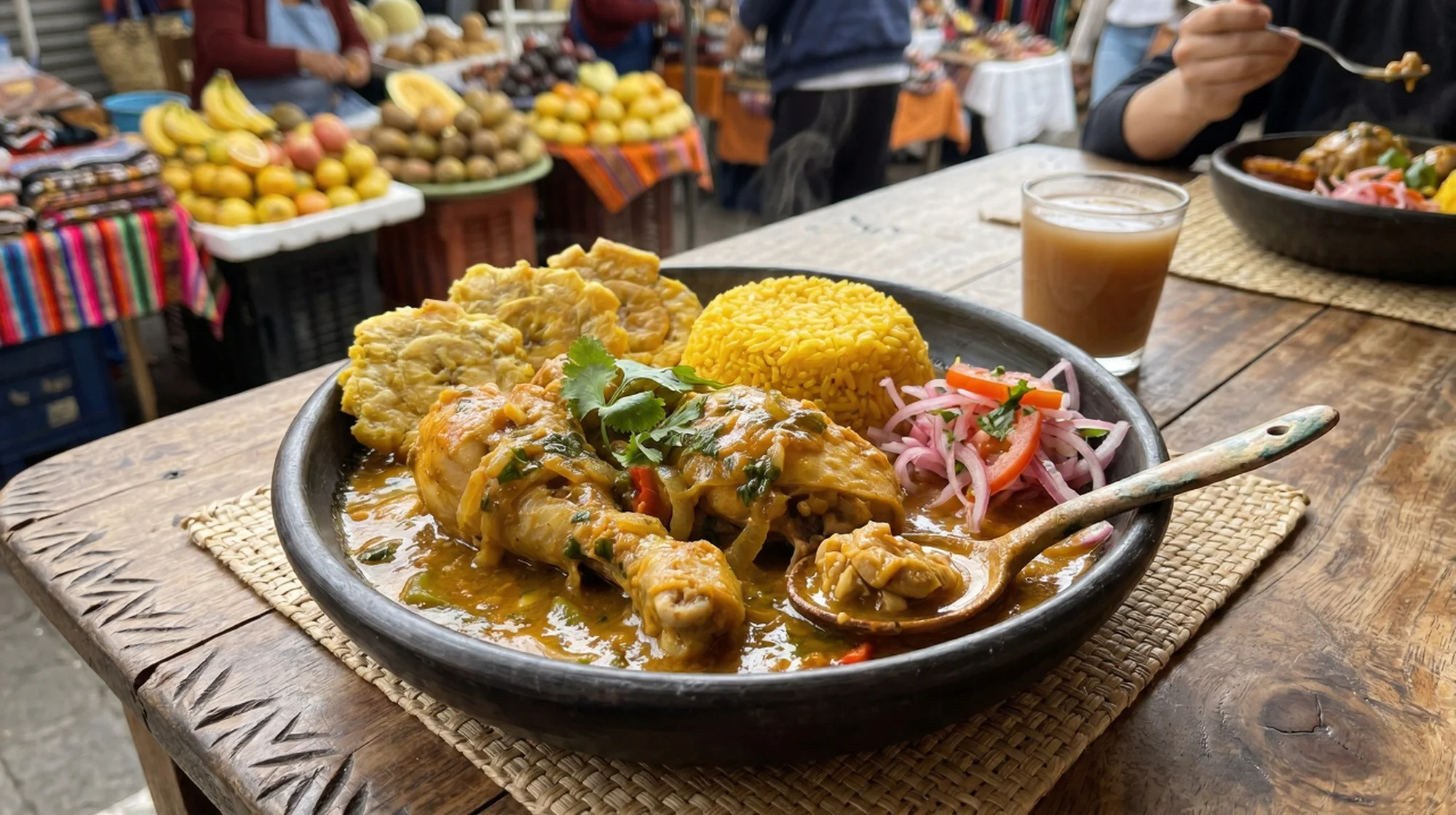 Seco de pollo tradicional servido en plato de barro con arroz amarillo, patacones y curtido de cebolla, en un mercado de Quito, Ecuador.