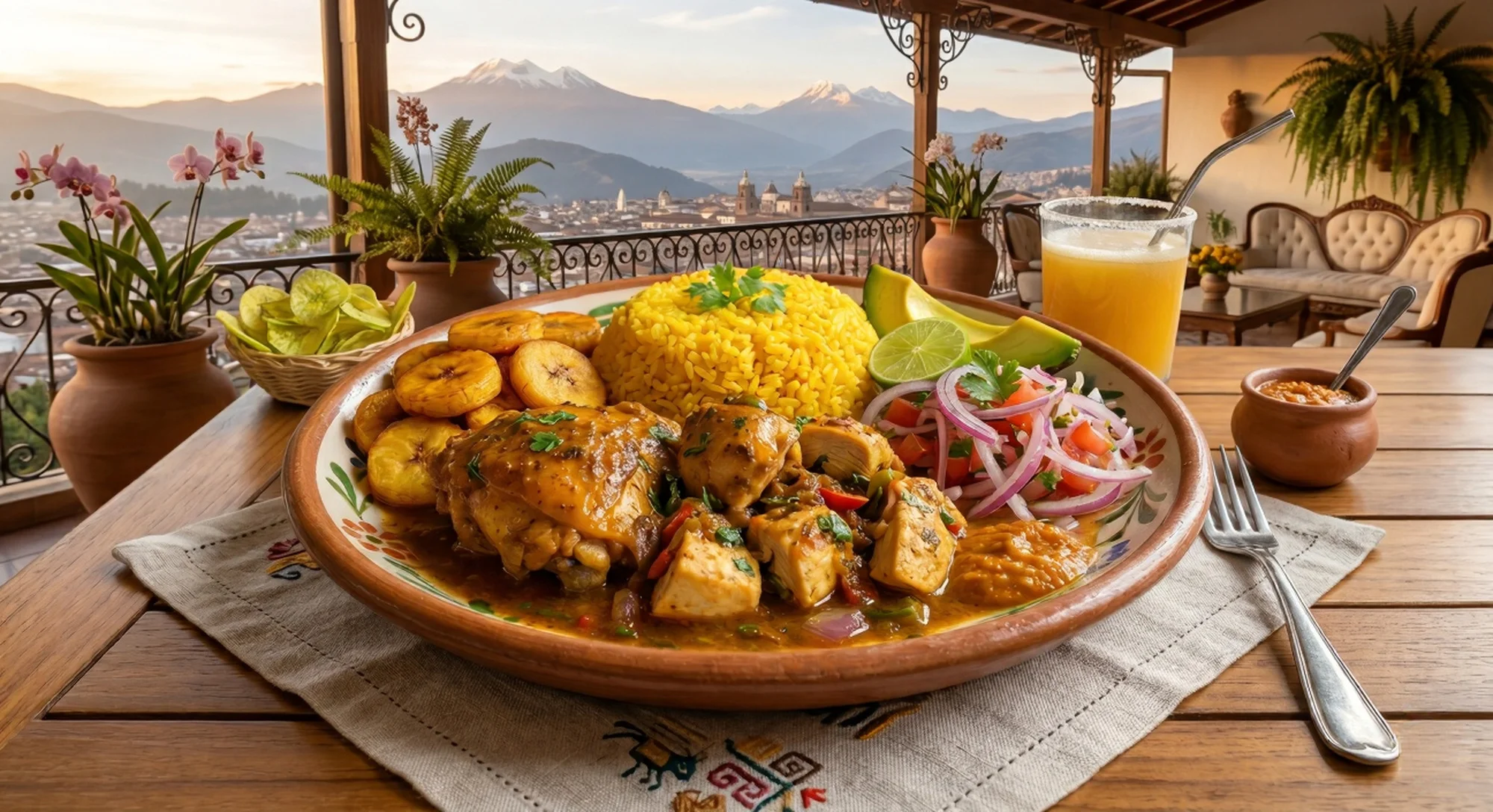 Seco de pollo ecuatoriano con arroz amarillo, maduro, aguacate y curtido, con vista a Quito desde una terraza.