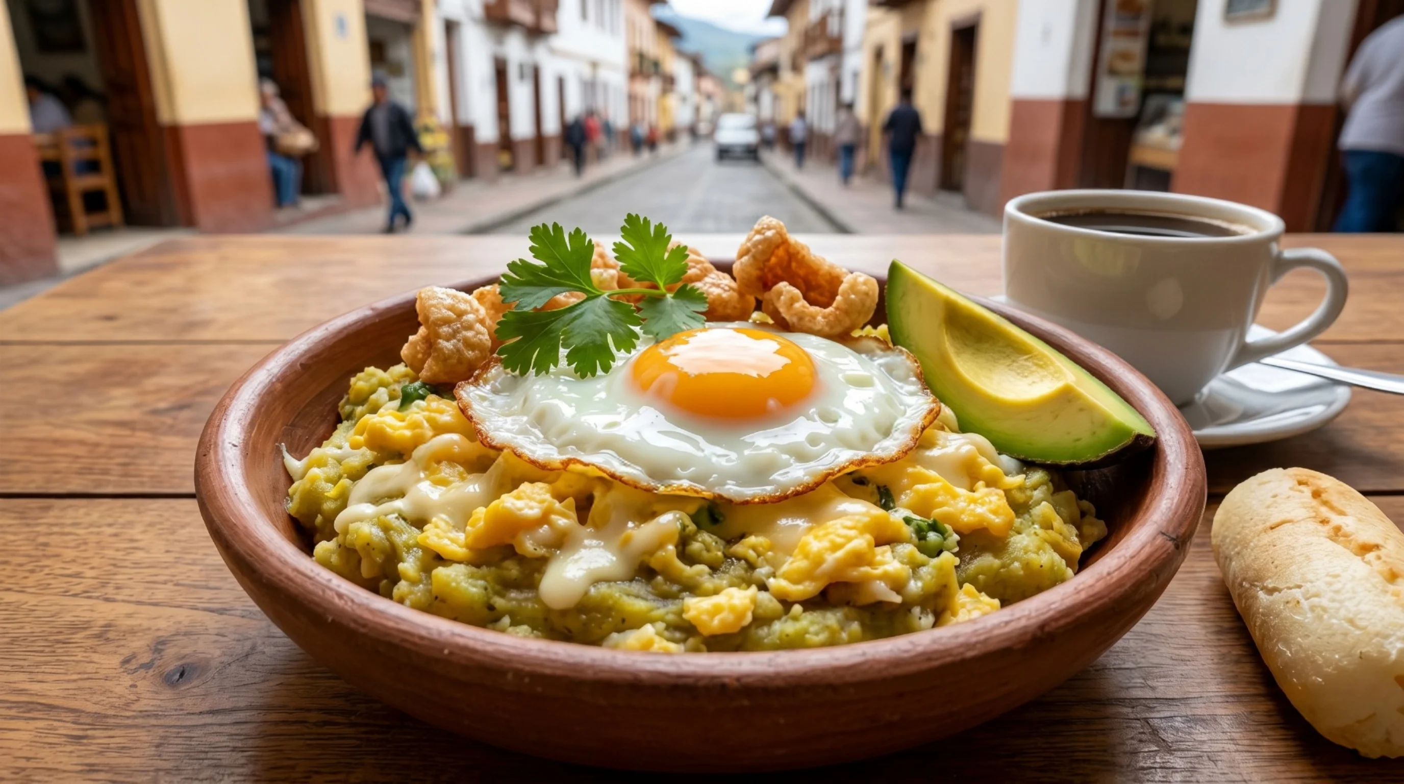 Tigrillo ecuatoriano con huevo frito, queso derretido, chicharrón, aguacate y café negro en restaurante de comida típica en Quito.