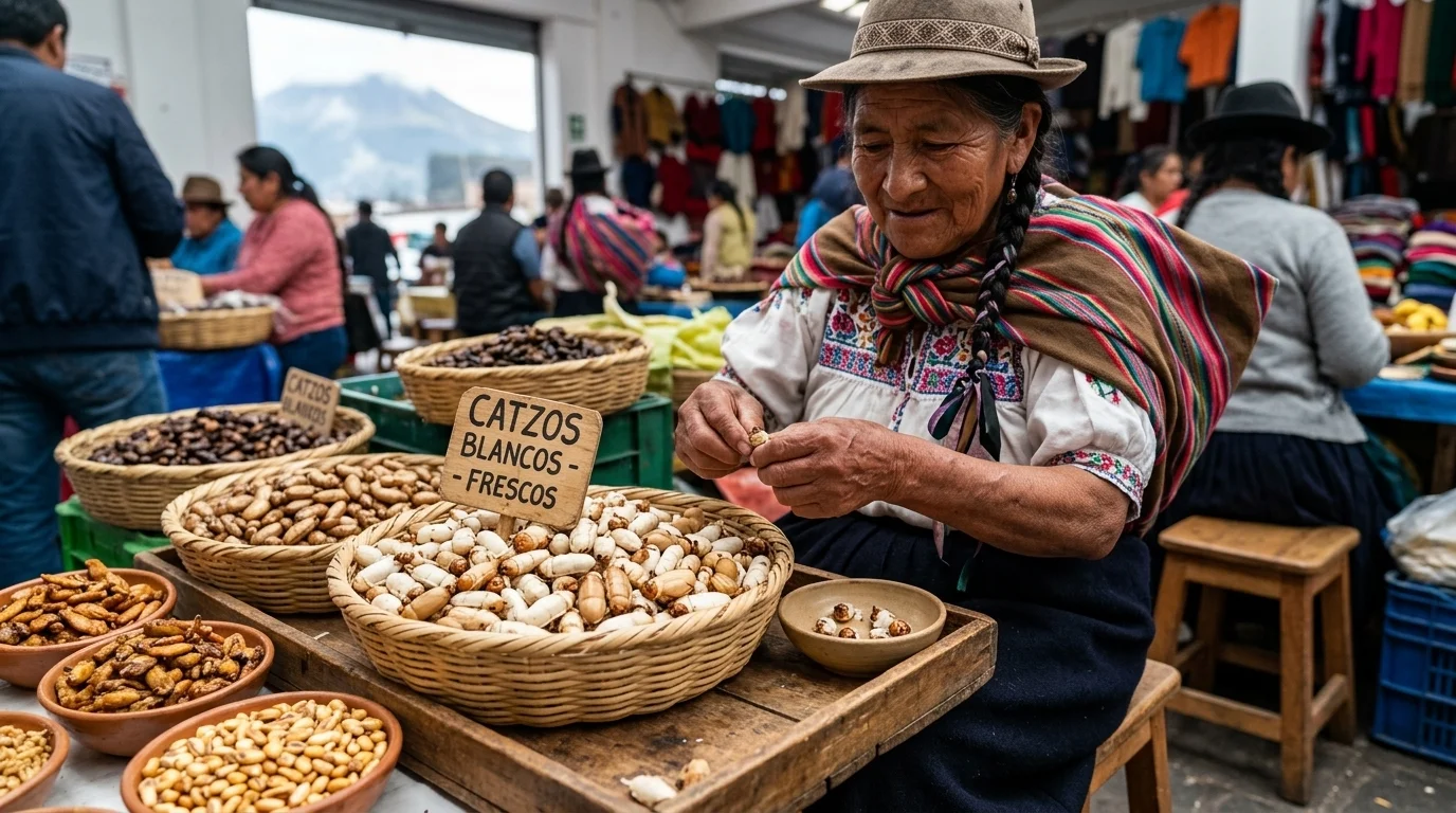 Vendedora ofreciendo catzos blancos frescos en un mercado tradicional de Quito