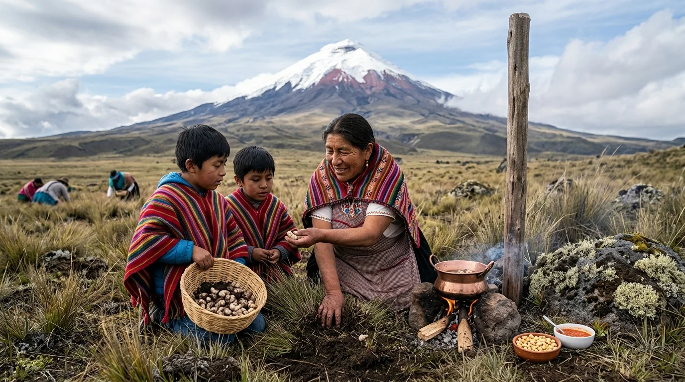 Familia recolectando catzos en el páramo frente al volcán Cotopaxi, tradición ancestral de Quito