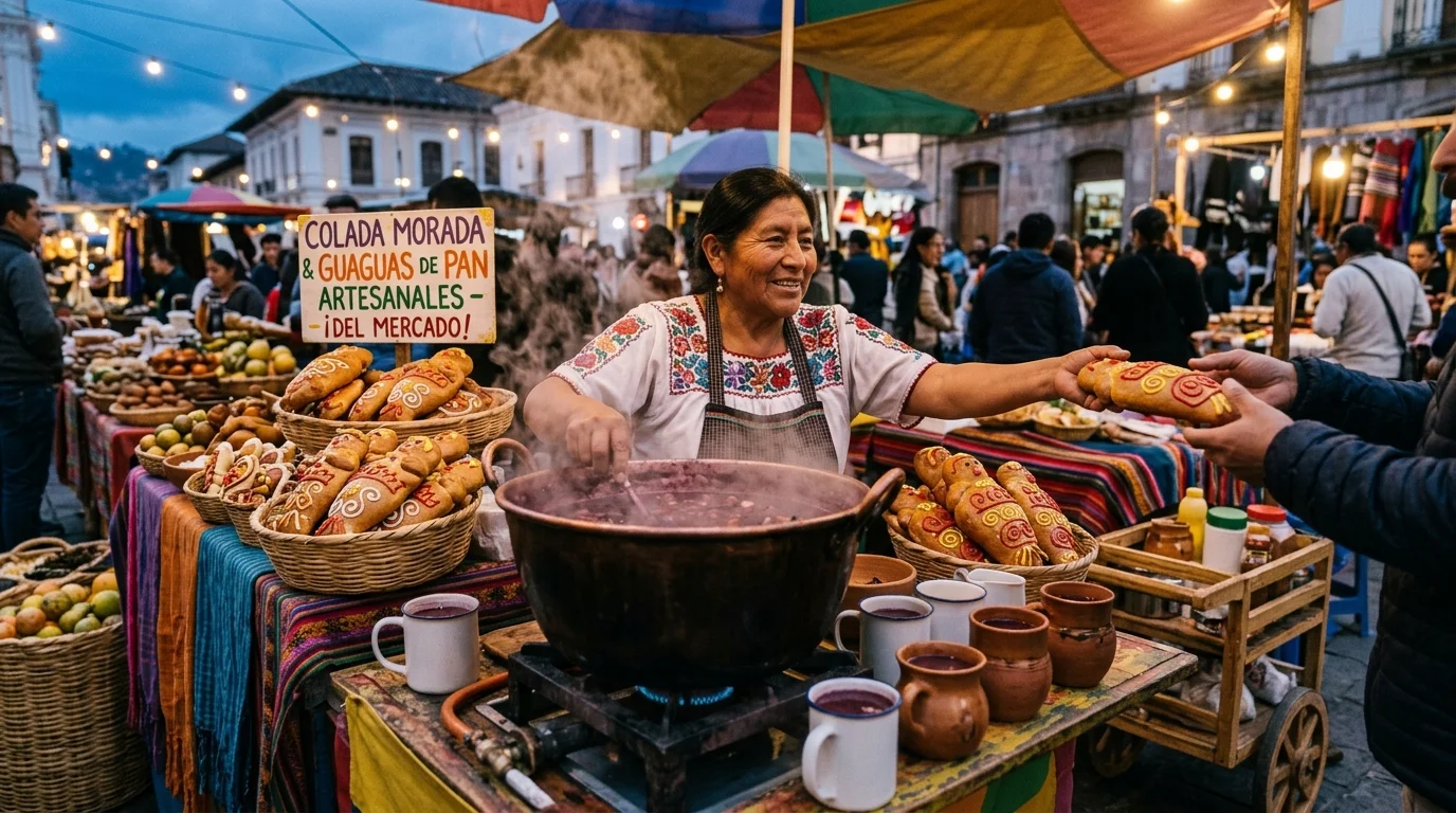 Vendedora sirviendo colada morada y guaguas de pan artesanales en un mercado nocturno de Quito