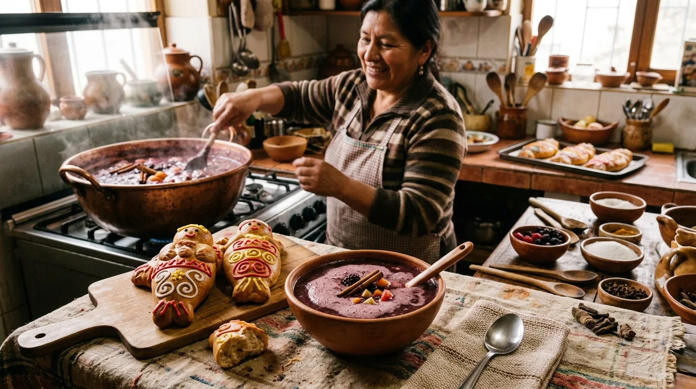 Mujer preparando colada morada artesanal en cocina tradicional con guaguas de pan recién horneadas en Quito