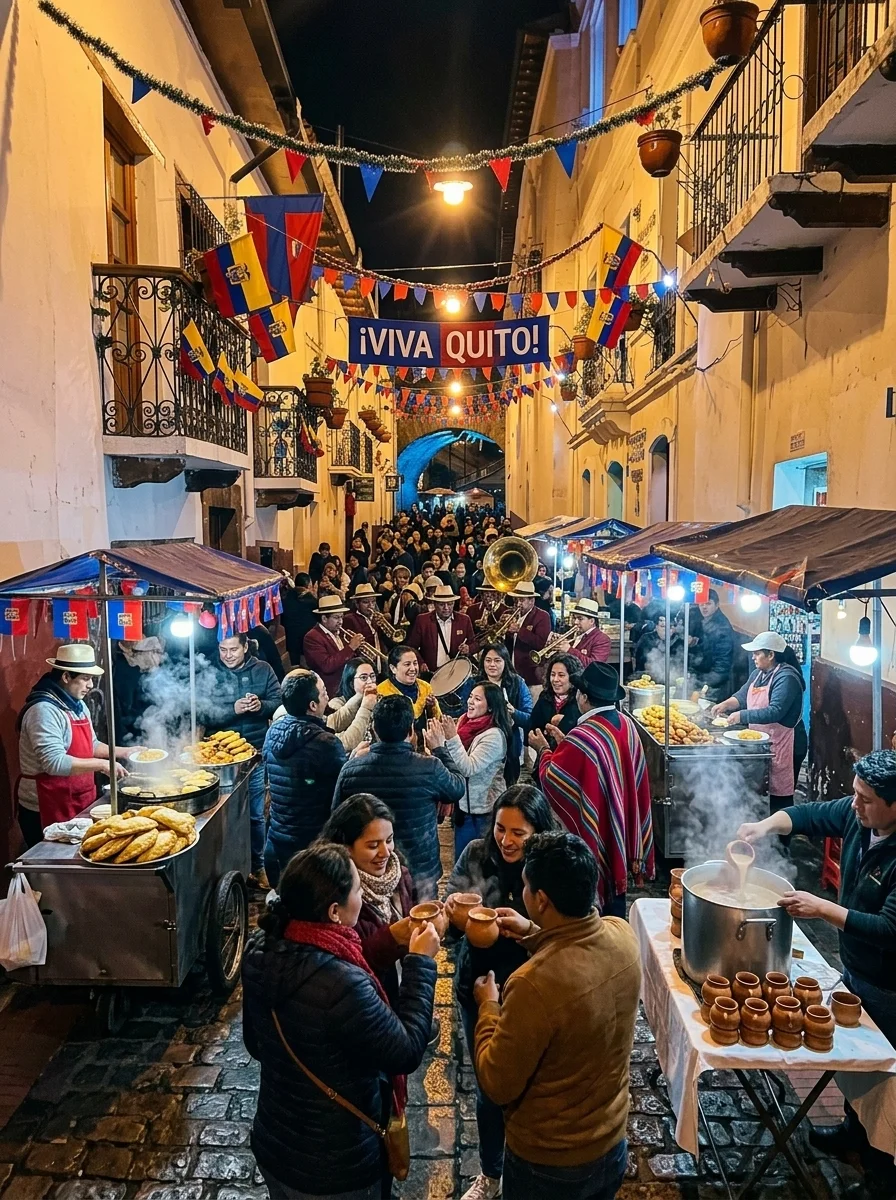 Calle La Ronda en Quito de noche durante las fiestas, con banda de pueblo, puestos de empanadas y gente tomando canelazo