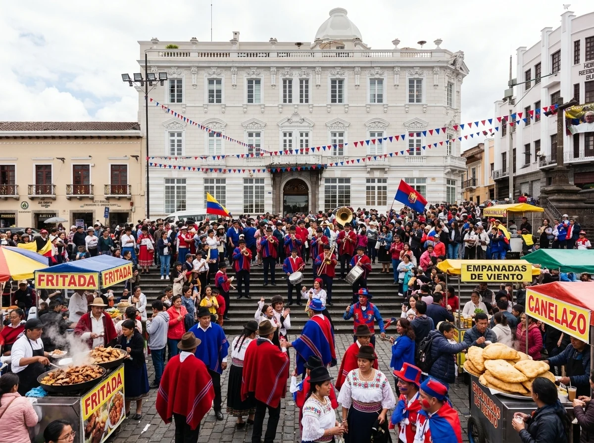 Fiestas de Quito en la Plaza de San Francisco con banda de pueblo, puestos de fritada, empanadas de viento y canelazo, y al fondo Hotel Casa Gangotena