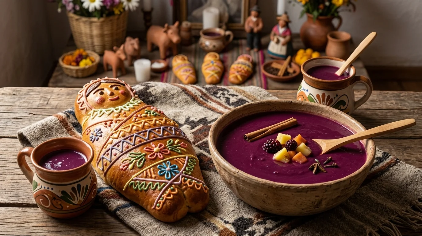 Guagua de pan decorada junto a un tazón de colada morada con frutas y canela, tradición de Día de los Difuntos en Quito