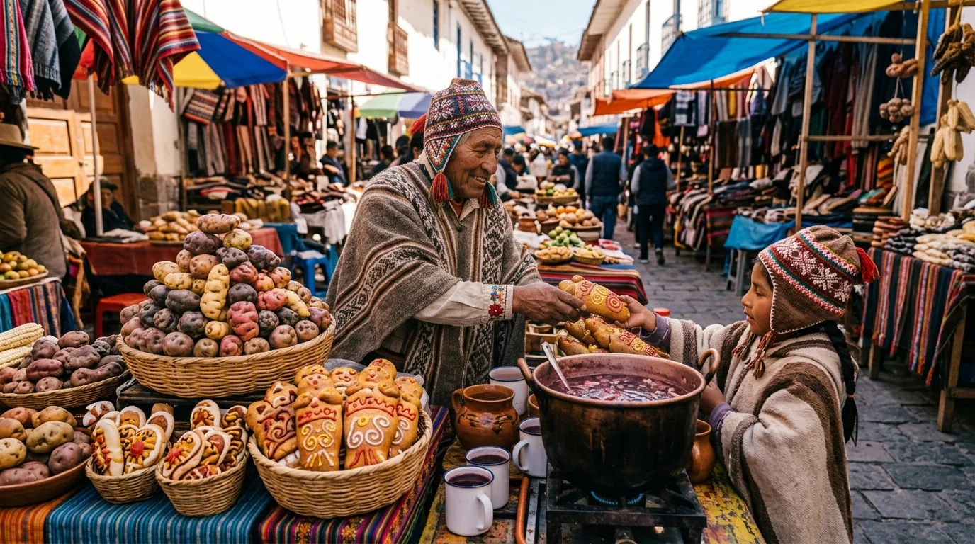 Vendedor entregando guagua de pan decorada a un niño en un mercado andino de Quito, con papas nativas de fondo