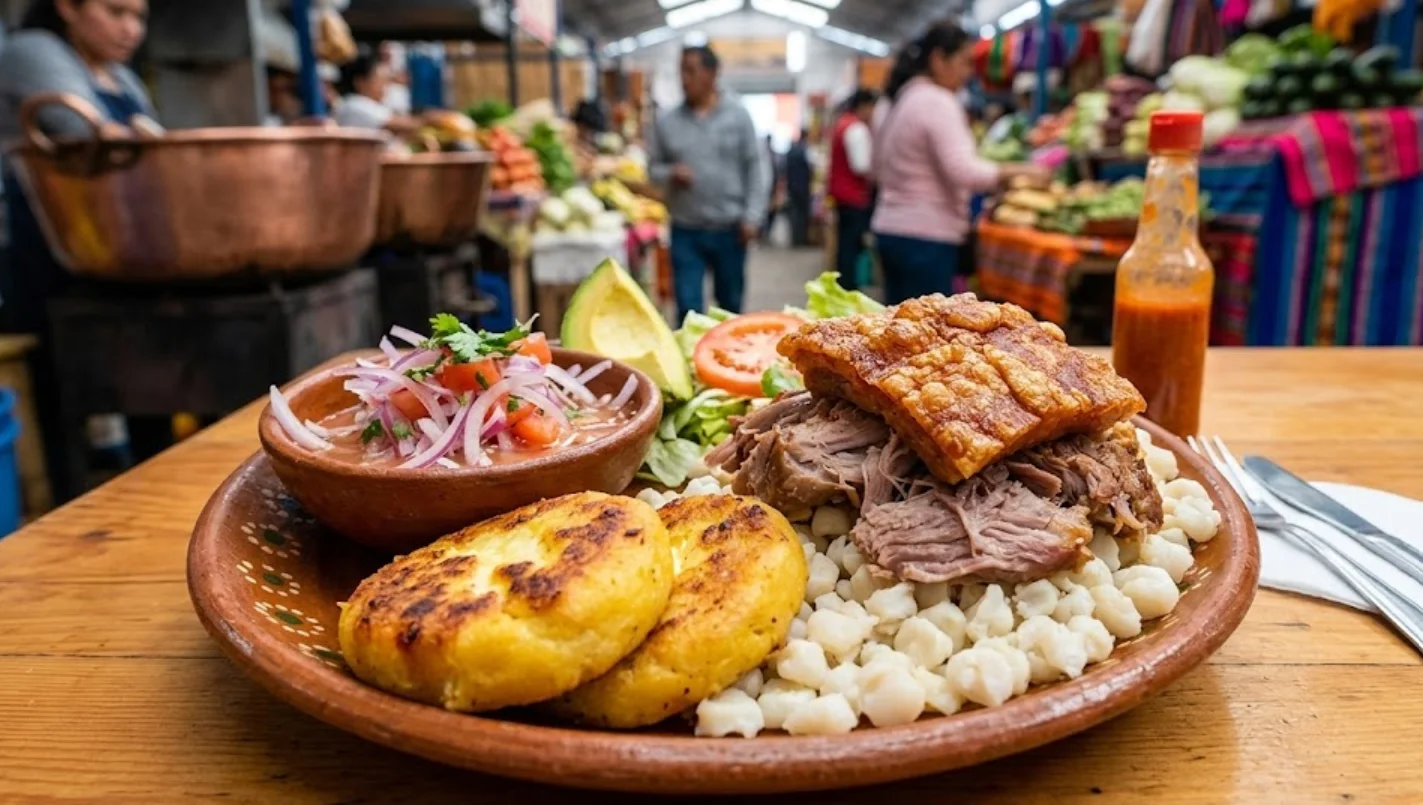 Plato tradicional de Hornado Quiteño con llapingachos, mote y agrio en un mercado de Quito gastronomía típica ecuatoriana.