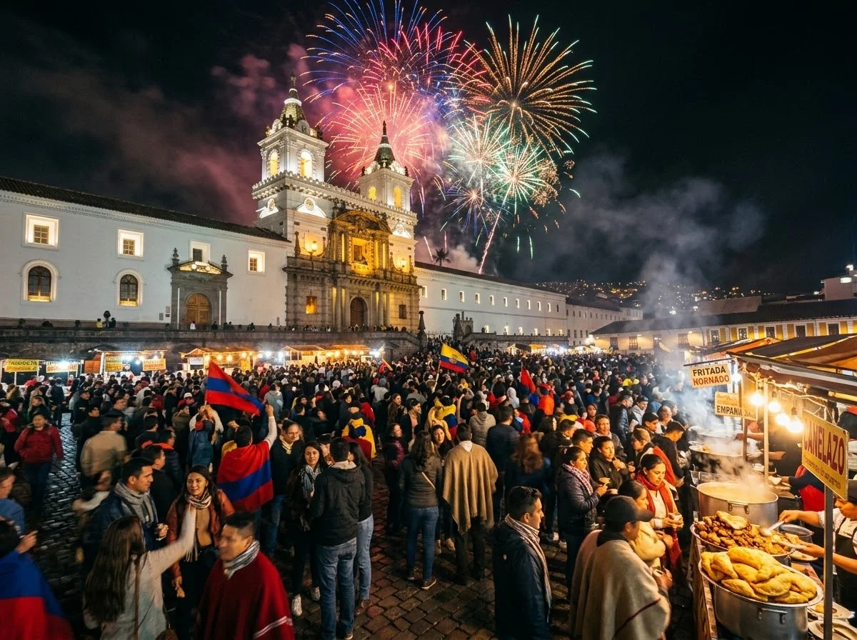 Fuegos artificiales sobre la iglesia de San Francisco en la Plaza San Francisco durante las Fiestas de Quito, con multitud y puestos de hornado, fritada y canelazo