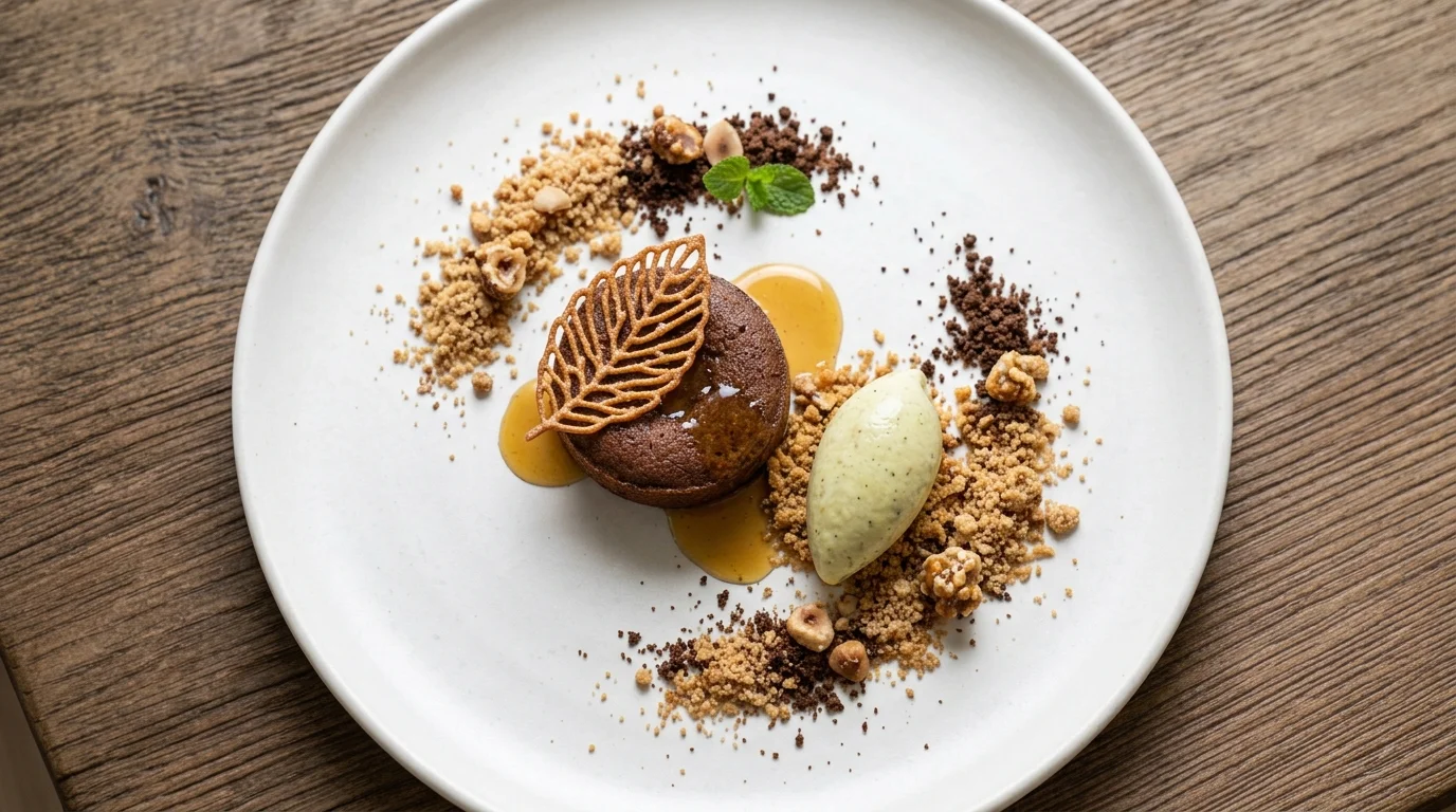 Postre gourmet de chocolate con helado y crocante de nueces, contáctanos en restaurantesenquito para más recomendaciones