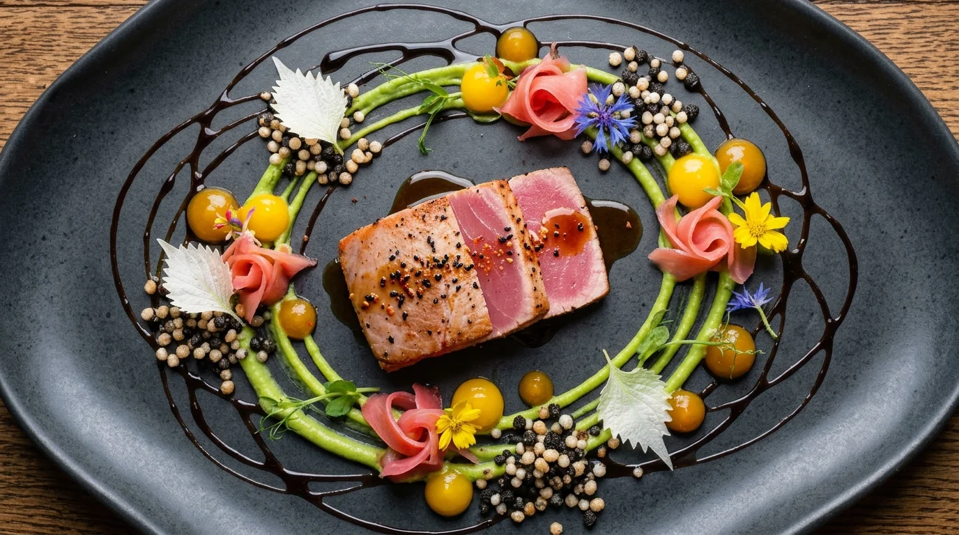 Atún sellado con salsa de soya y decoración de cocina de autor, plato destacado en el directorio de restaurantes en Quito