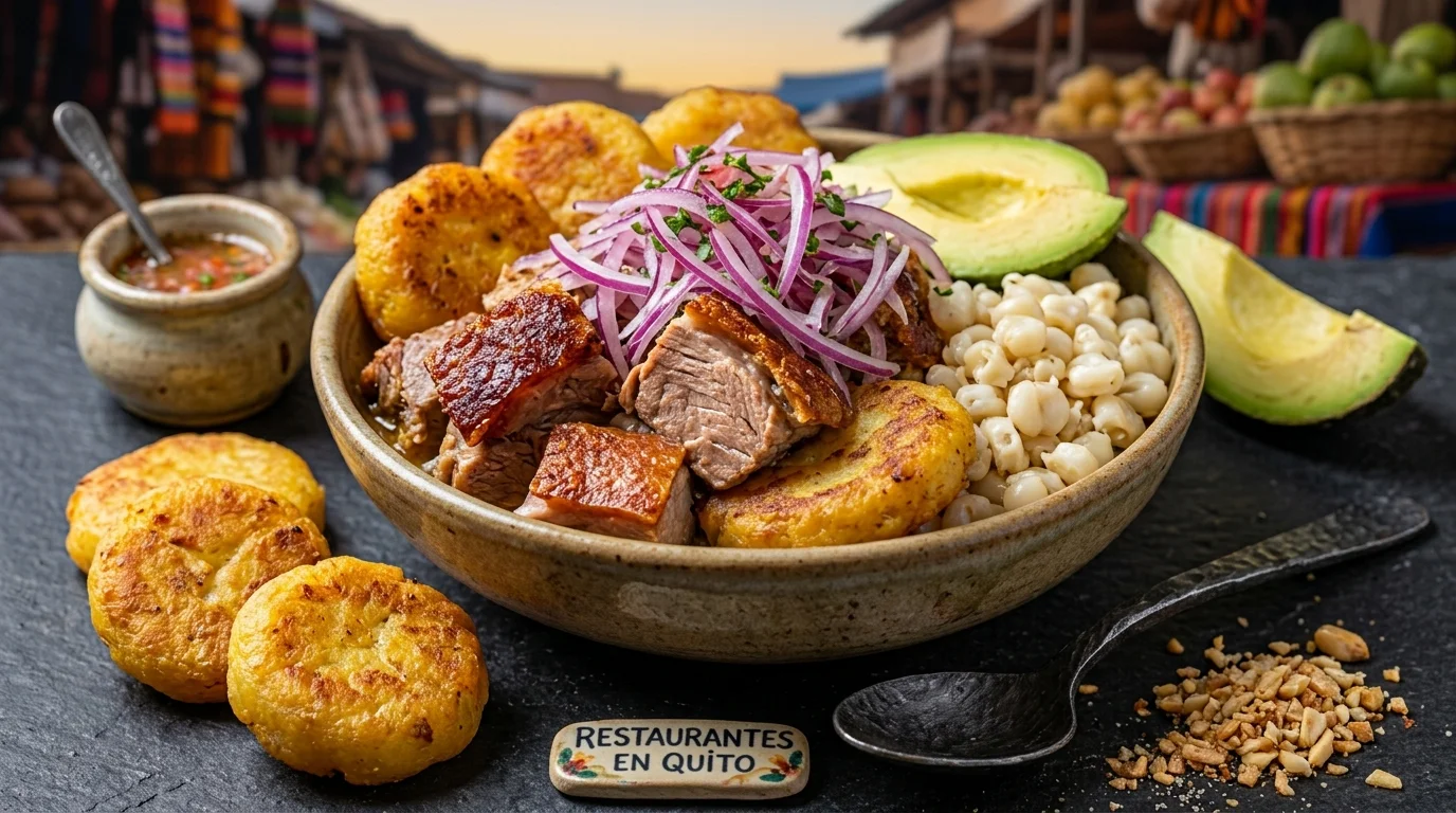 Fritada con mote, patacones y aguacate, plato típico en la guía de restaurantes en Quito