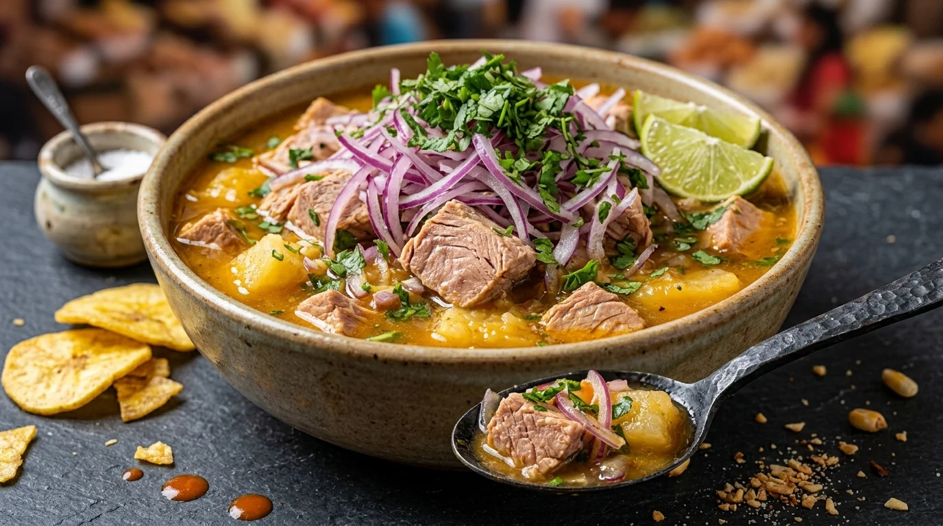 Encebollado de pescado con yuca, cebolla y limón, plato típico que puedes descubrir al comprar tu plan en restaurantesenquito