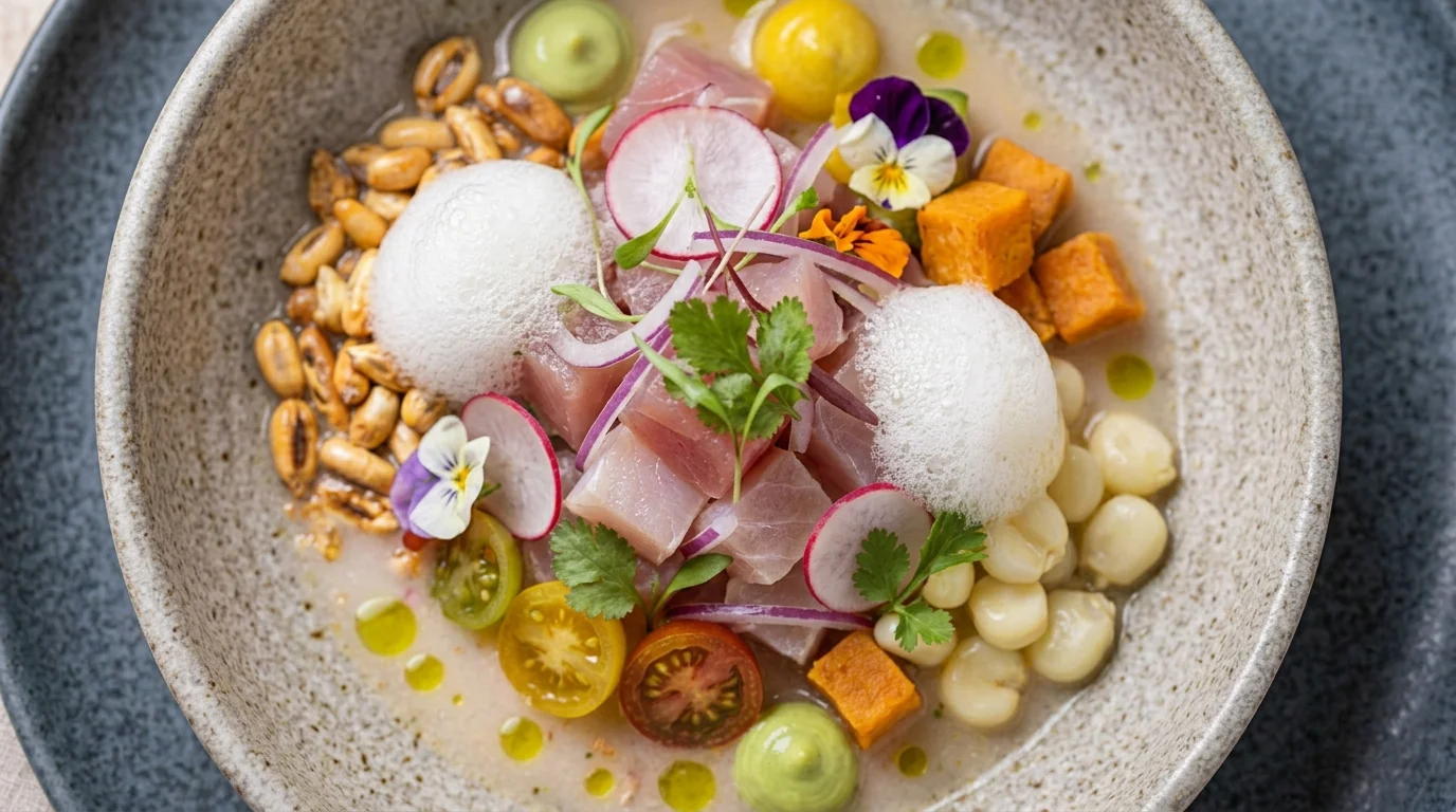 Ceviche gourmet de pescado con espuma, choclo, camote y vegetales frescos, ideal para un quiz gastronómico sobre platos típicos de Quito