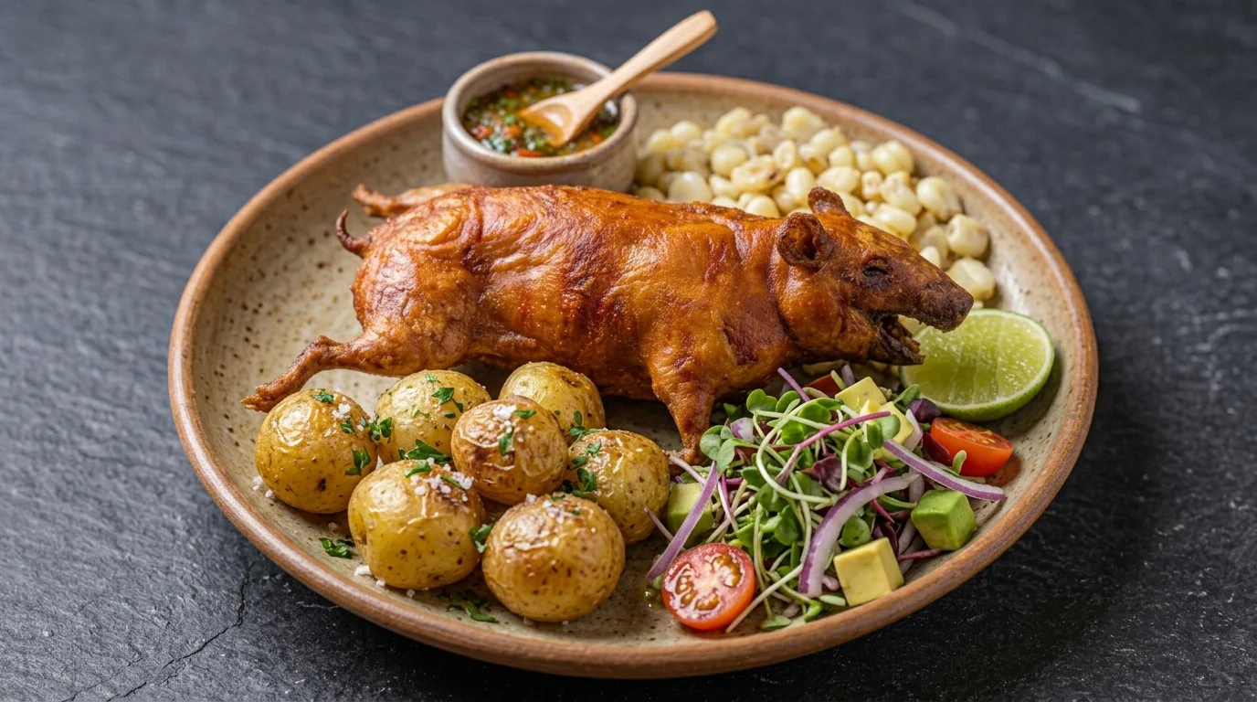 Cuy asado presentado en un plato gourmet con papas, mote y ensalada, ideal para un quiz gastronómico sobre platos típicos de Quito