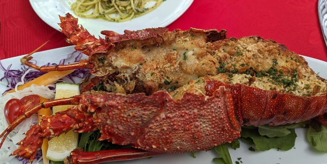 Langosta gratinada al horno con ensalada y pasta al fondo, plato de alta cocina italiana en Carmine, restaurante en Quito.