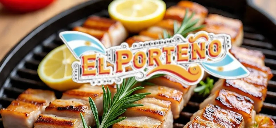 Carne a la parrilla con limón y romero, logo de El Porteño, restaurante en Quito.