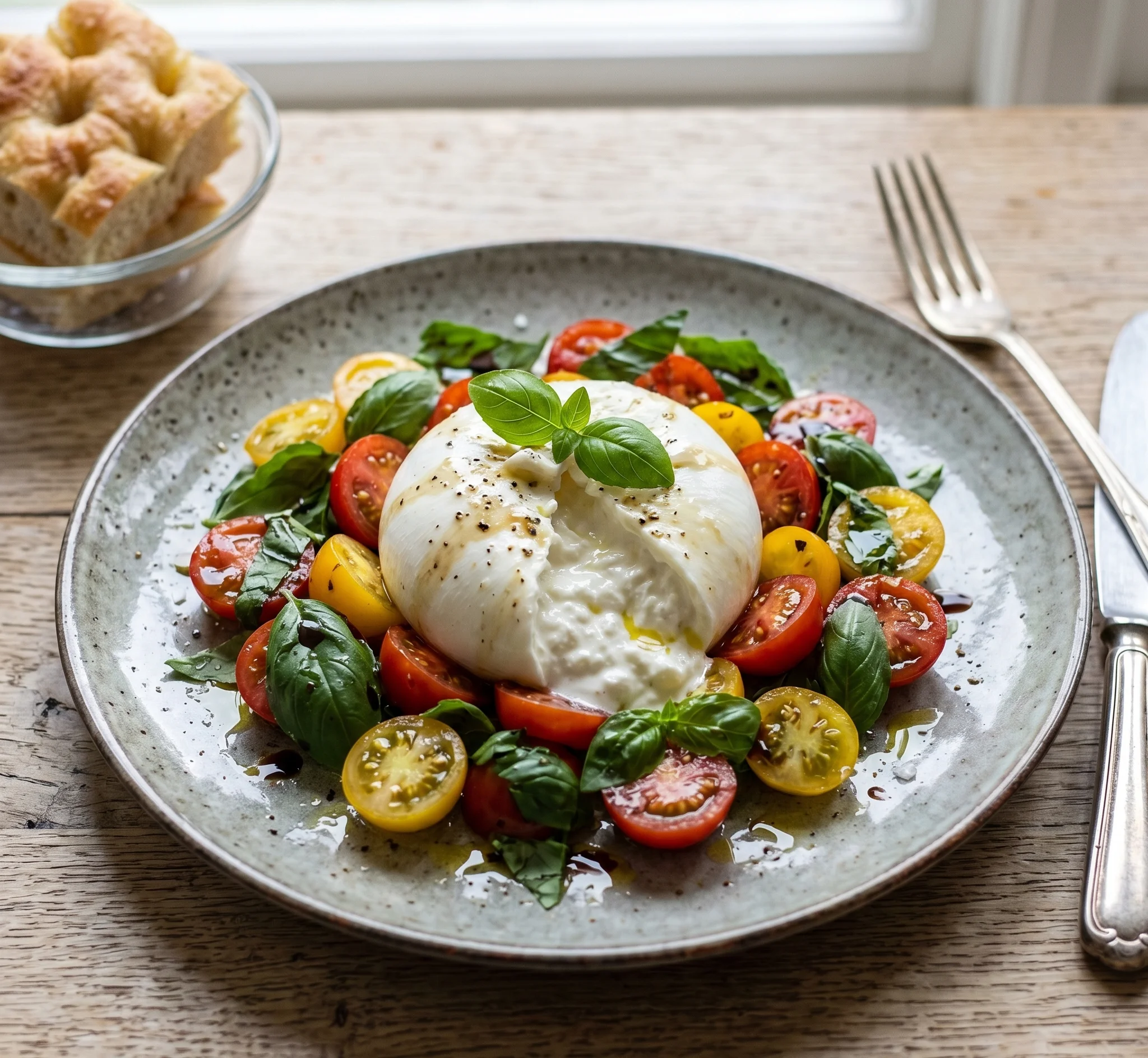 Burrata con tomate cherry y albahaca