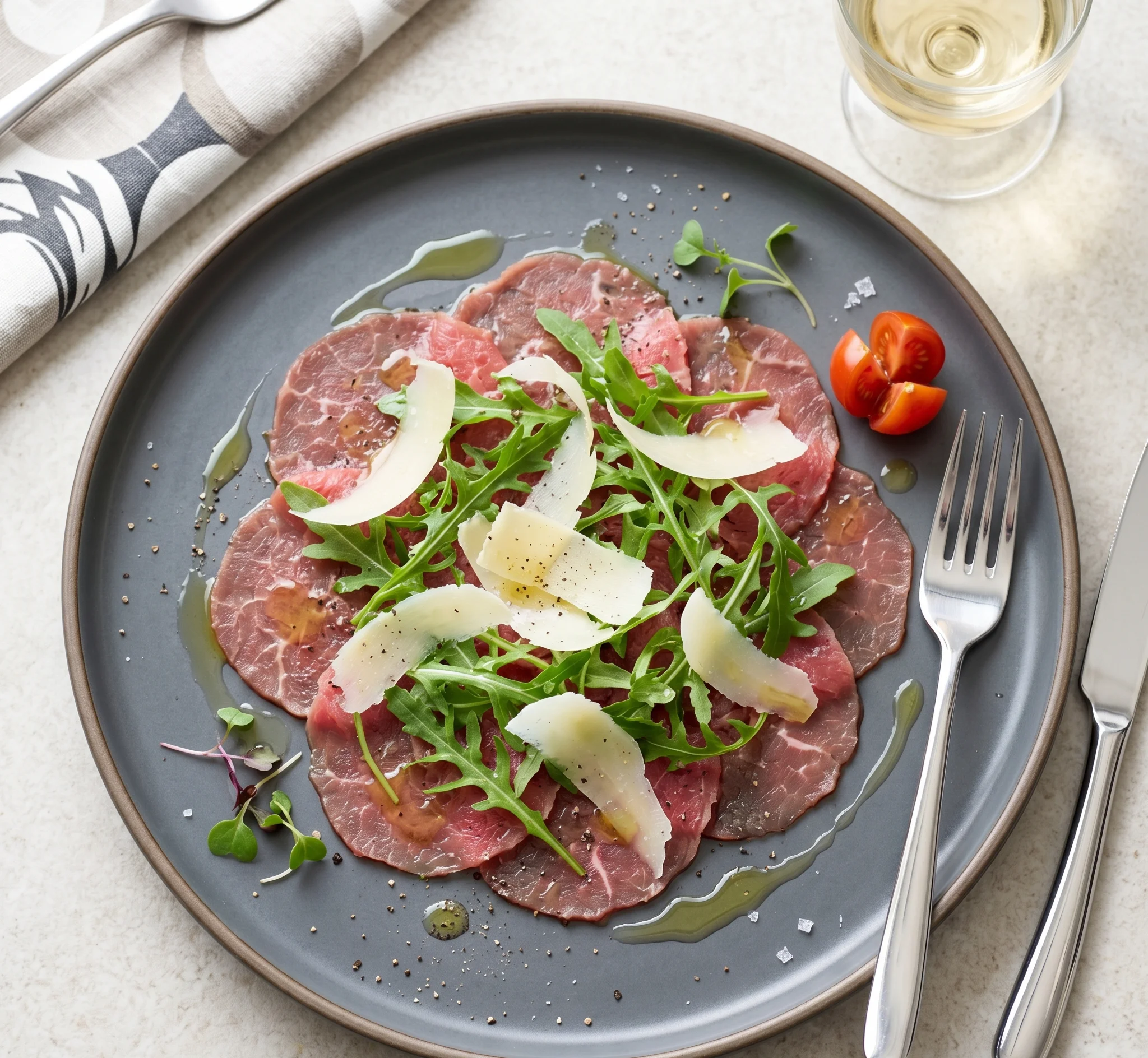 Carpaccio de res con rúcula y parmesano