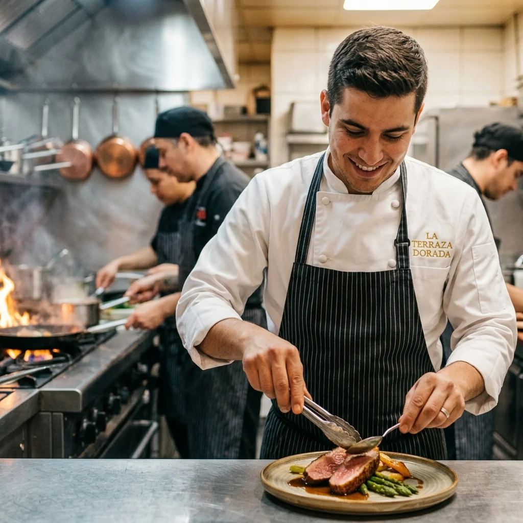 Chef Mateo Salgado, Chef Ejecutivo de La Terraza Dorada, preparando un plato en la cocina del restaurante