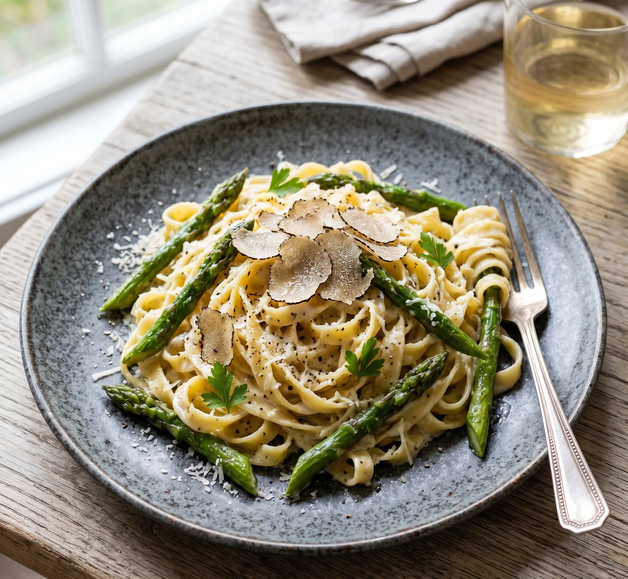 Pasta fresca a la trufa con espárragos