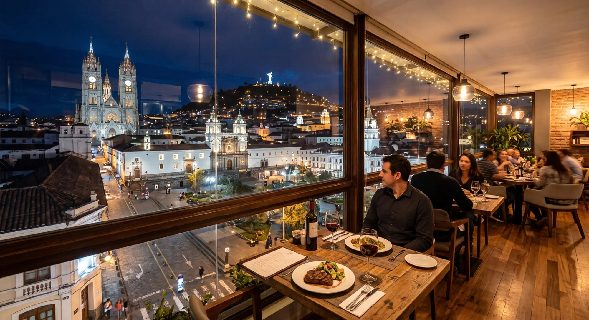 La Terraza Dorada, restaurante con vista al Centro Histórico de Quito: terraza nocturna frente a la Basílica y El Panecillo iluminados.