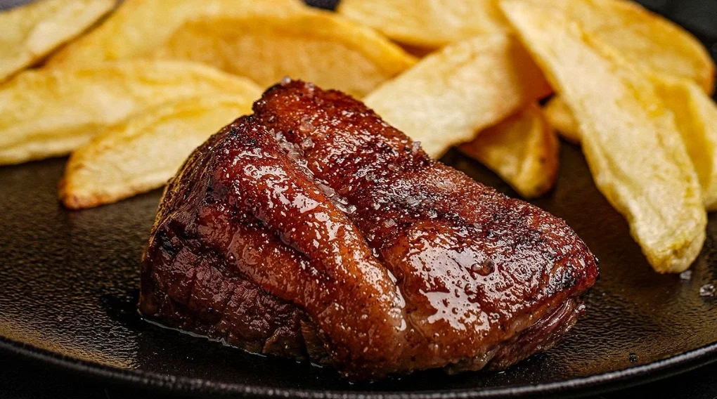 Corte de carne jugoso a la parrilla con papas fritas, plato de Los Bifes de la Vaca en Quito.