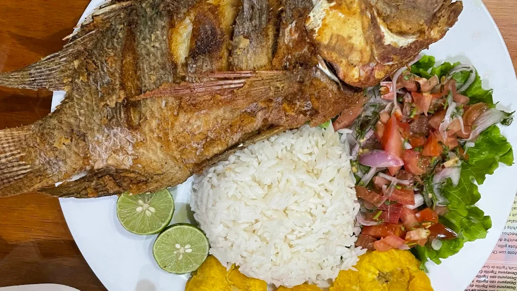Tilapia frita entera con arroz blanco, patacones, ensalada de tomate y cebolla con limón, plato típico ecuatoriano servido en Restaurante Oasis en el Centro Histórico de Quito.