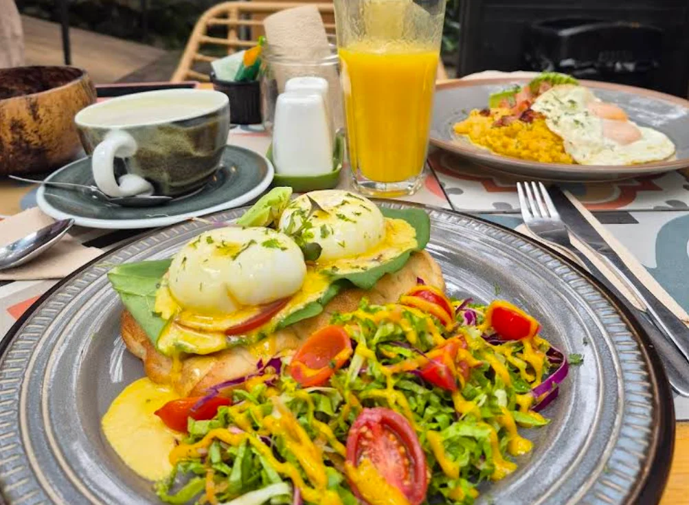 Un plato de huevos Benedict con salsa holandesa y ensalada fresca, acompañado de jugo de naranja y café rústico en Restaurante Botánico.