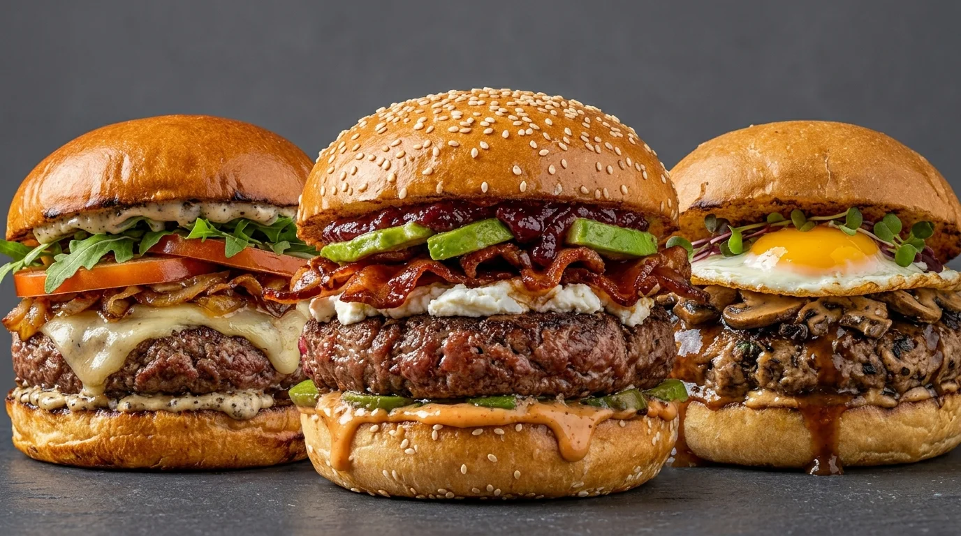 Tres hamburguesas gourmet con tocino, aguacate y huevo, destacadas en la lista de mejores restaurantes en Quito
